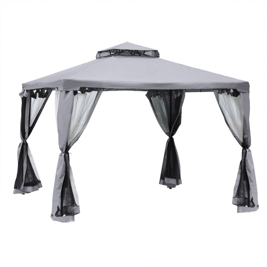 9.6' x 9.6' Patio Gazebo Outdoor Pavilion 2 Tire Roof Canopy Shelter Garden Event Party Tent Yard Sun Shade Steel Frame w/ Mosquito Netting Grey - Gallery Canada