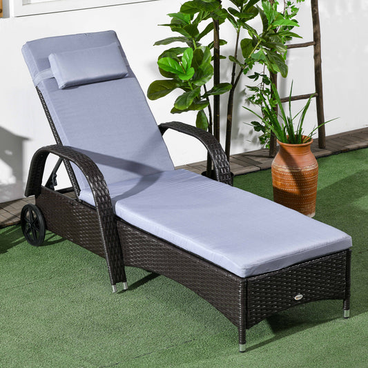 Outdoor Lounger, Deck Lounge Chair with Headrest, 5-Level Adjustable, Backrest, Wheels, Deep Coffee and Light Grey Chaise Loungers   at Gallery Canada