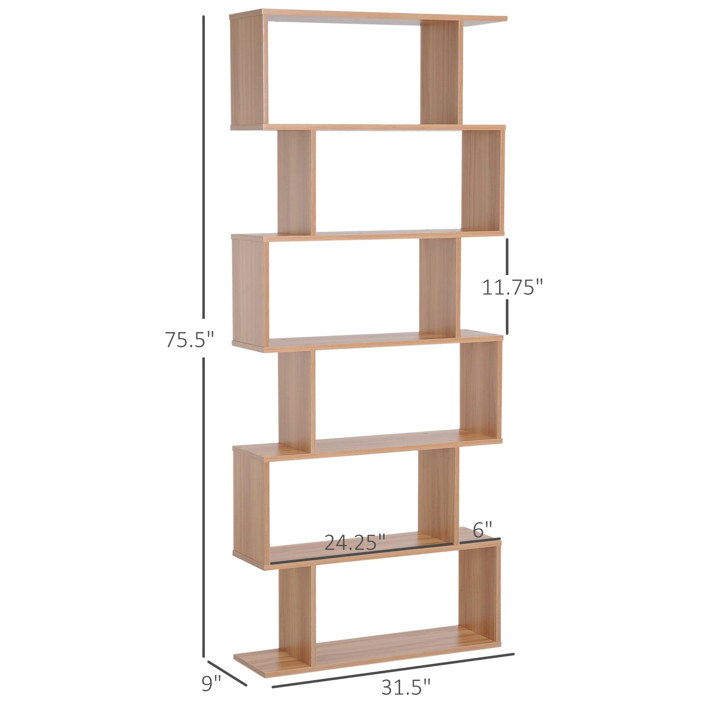 76" 6-Tier Wooden Bookcase S Shaped Storage Display Shelf Modern Bookshelf Open Concept Living Room Home Office Furniture, Maple Display Bookshelves   at Gallery Canada