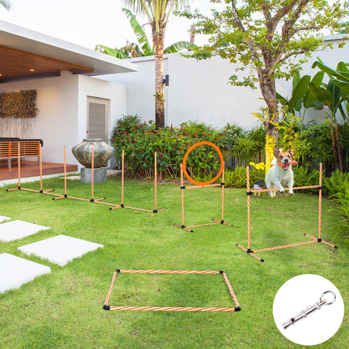 4PC Portable Pet Agility Training Set Hurdle for Dog Obstacle Exercise with Adjustable Height Jump Ring High Jumper Weave Poles Square Pause Box Carry Bag Whistle Orange and White