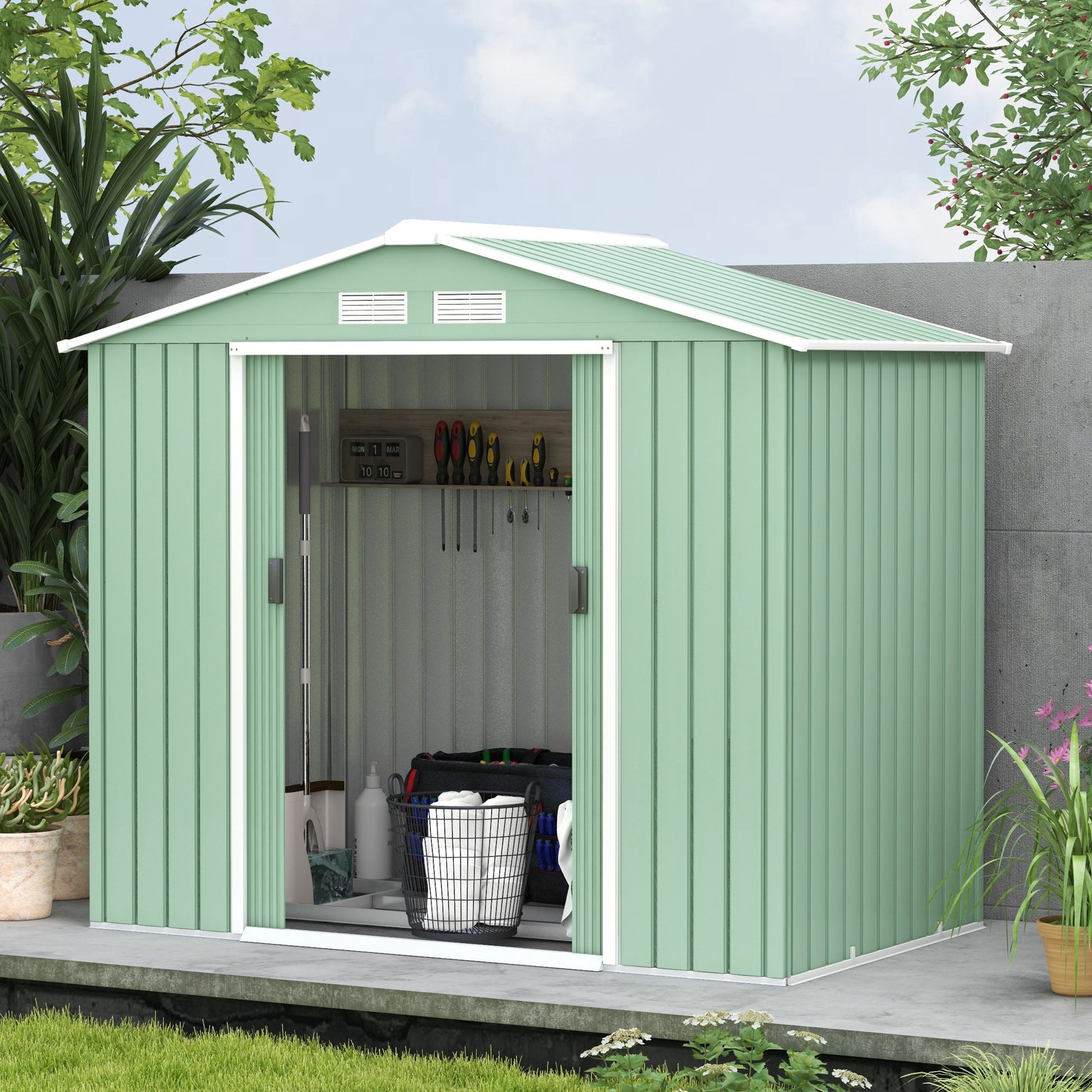 7' x 4' x 6' Garden Storage Shed Outdoor Patio Metal Tool Storage House w/ Foundation Kit and Double Doors Light Green Sheds   at Gallery Canada