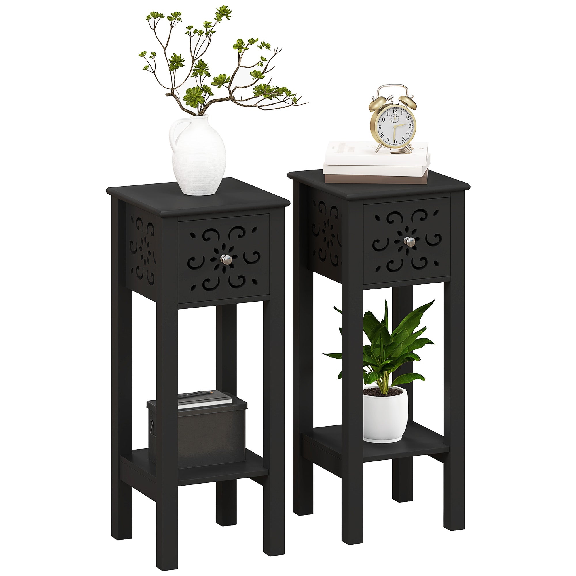 Nightstand Set of 2 with Drawer and Open Storage Shelf Black Side Tables at Gallery Canada