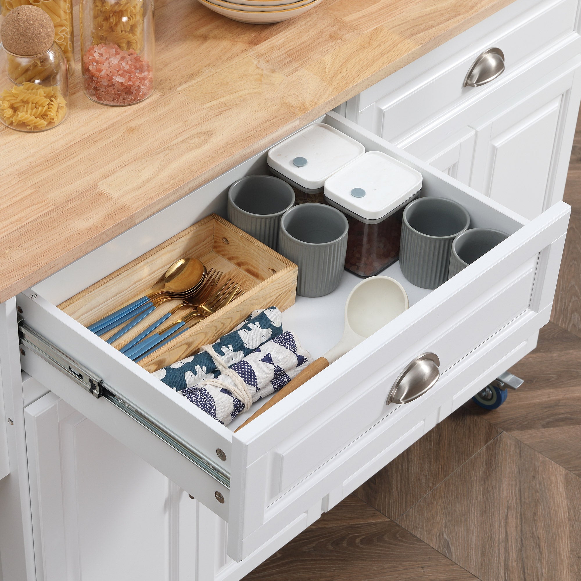 Rolling Kitchen Island on Wheels Utility Cart with Drop-Leaf, Rubber Wood Countertop, Storage Drawers, Door Cabinets and Adjustable Shelves, White Kitchen Islands & Kitchen Carts   at Gallery Canada