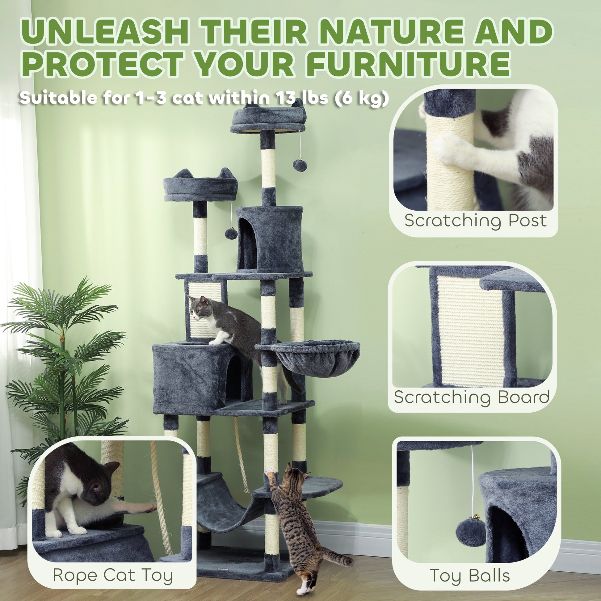 81" Large Cat Tree w/ Scratching Posts, Condos, Beds, Hammocks, Jumping Platforms, Toy Balls, Rope Cat Toy, Dark Grey Cat Towers   at Gallery Canada