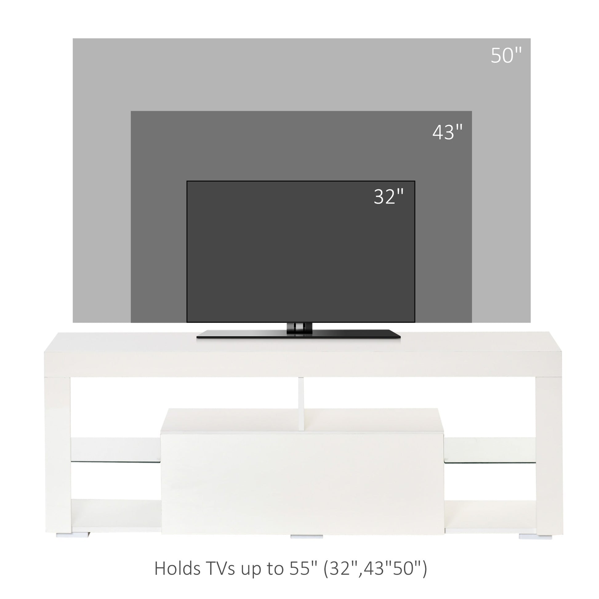 TV Stand for 55-Inch TVs, High Gloss TV Bench with LED Lights, Remote Control, Storage Drawer and Shelves, Entertainment Unit for Living Room, White TV Stands   at Gallery Canada