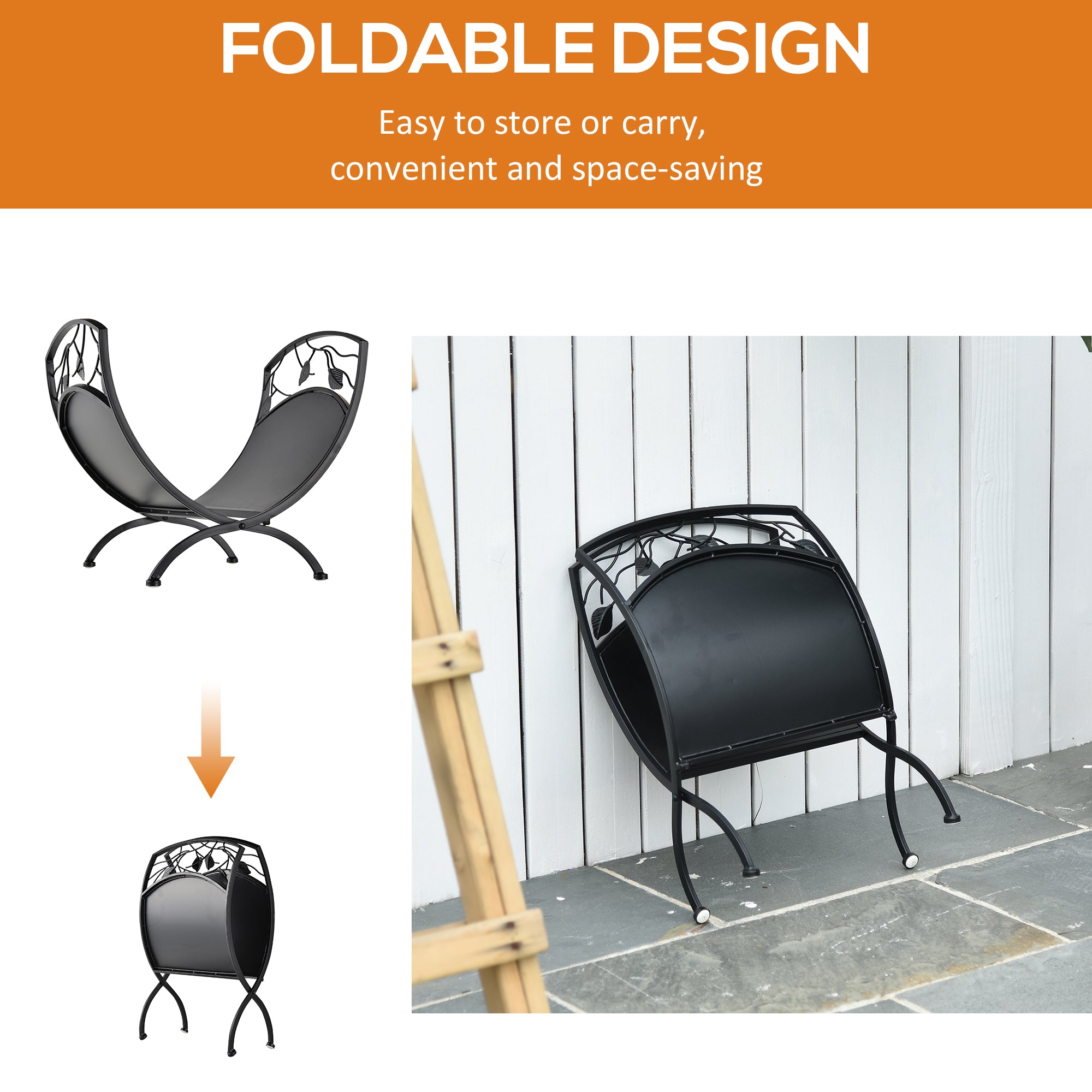 Folding Firewood Rack,Curved Wood Storage Holder, Log Holder for Fire Pit and Fireplace, Outdoor Indoor, Black Firewood Racks at Gallery Canada