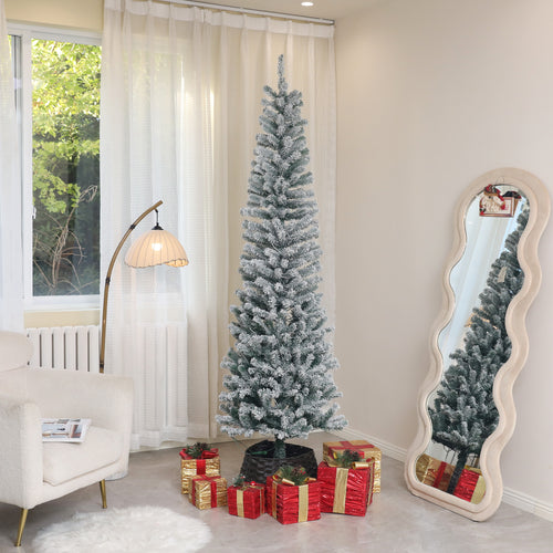 7.5ft Prelit Pencil Artificial Christmas Tree, Flocked Xmas Tree with Dual Colour LED Lights, 519 Tips and Metal Stand