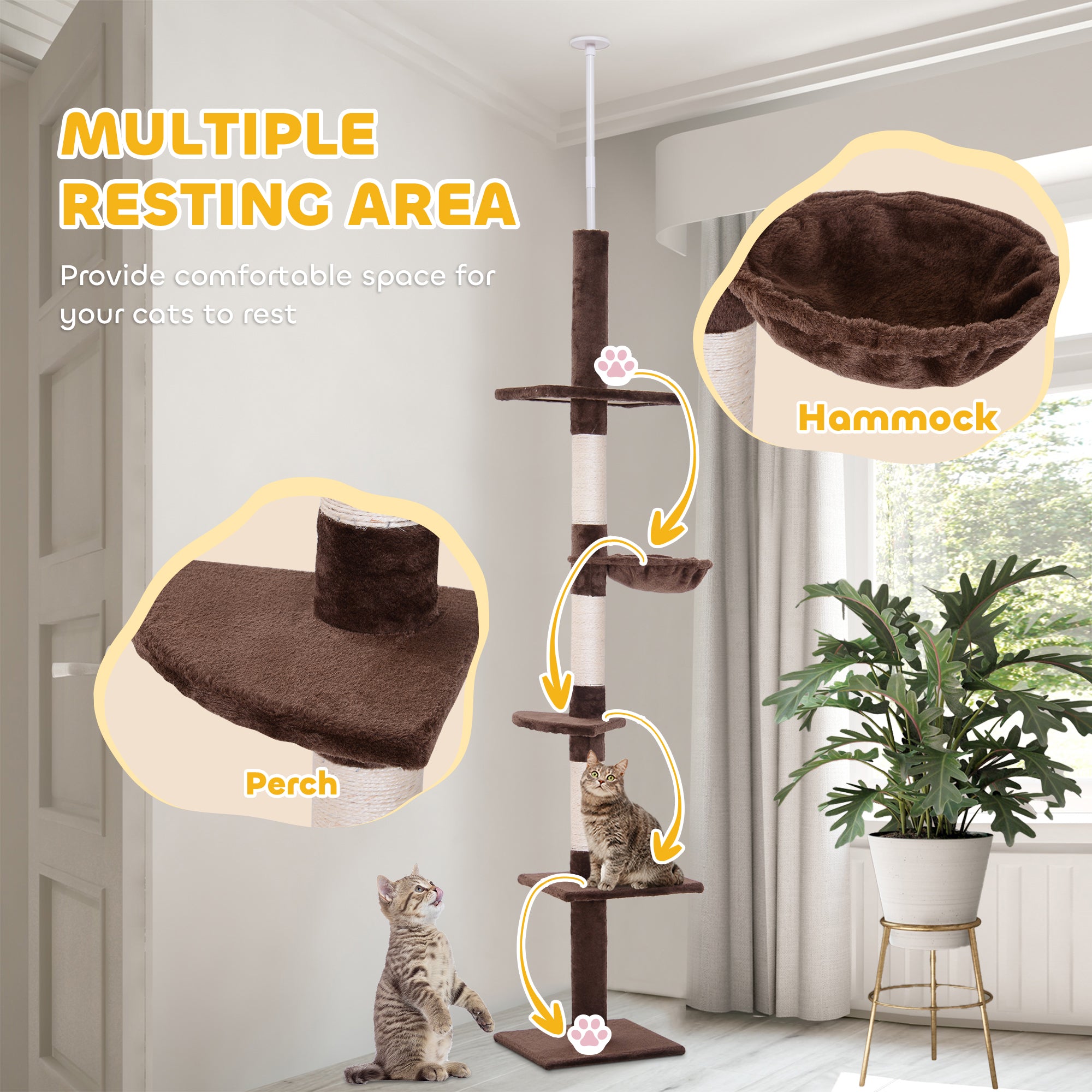 8.5ft Cat Climbing Tree 5-Tier Kitty Activity Center with Scratching Post Brown and White Floor to Ceiling Cat Trees at Gallery Canada