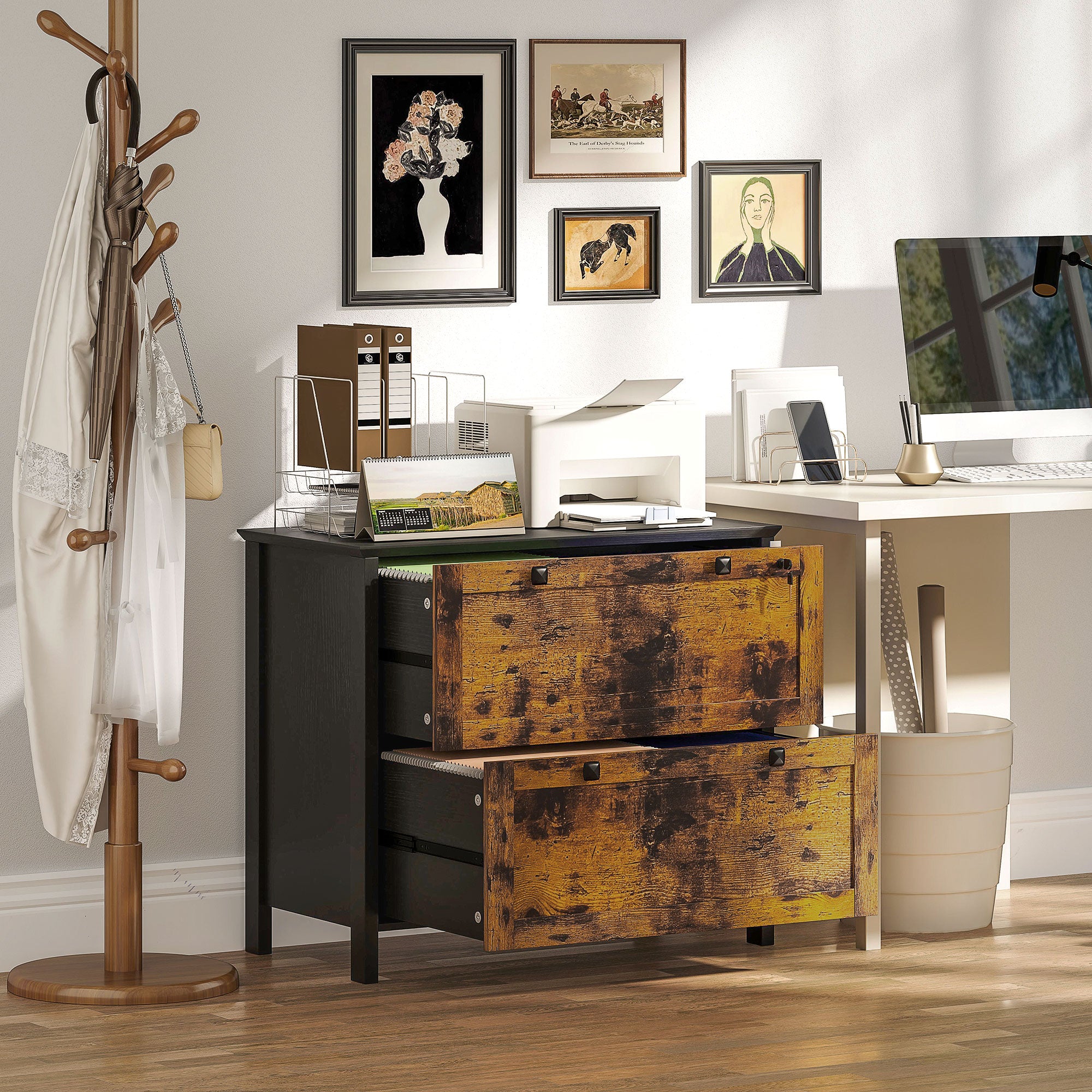 2 Drawer File Cabinet, Lockable Filing Cabinet with Adjustable Hanging Bar for Letter, A4 Size, Rustic Brown Office Cabinets & Cupboards at Gallery Canada