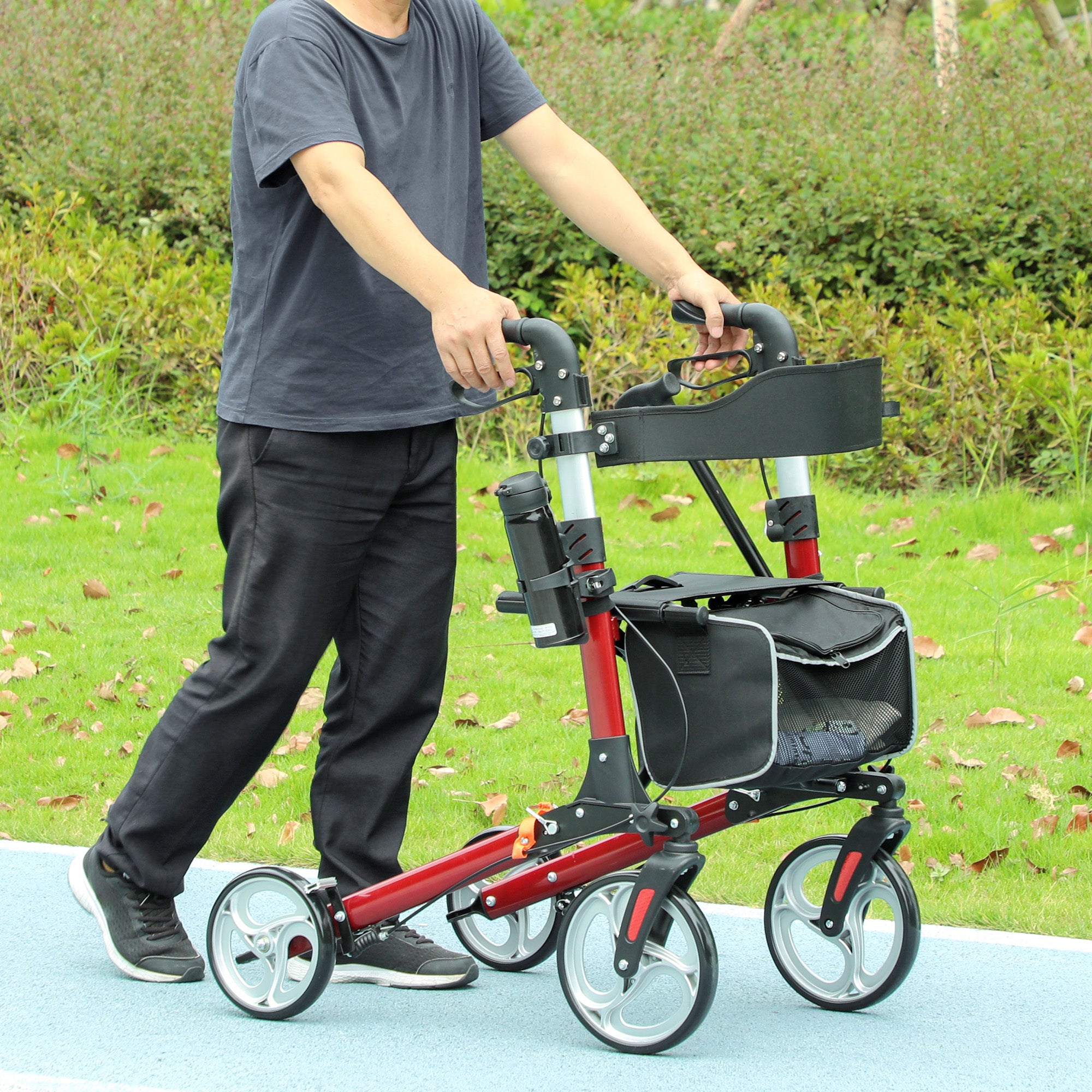 Lightweight Folding Rolling Walker with Large Seat, Back, Adjustable Handle, Bag, Dual Brake, Cane Holder, Red Knee Walker & Wheelchair Ramps at Gallery Canada