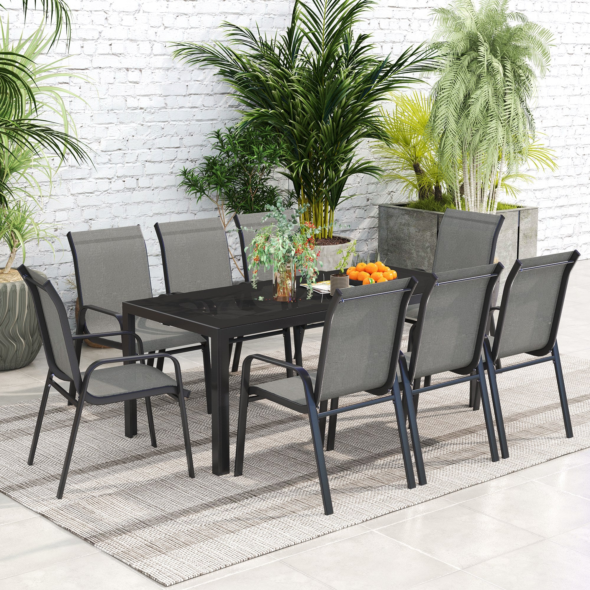 9 Pieces Patio Set with Stackable Chairs, Patio Dining Set with Glass Top for Garden, Patio, Backyard, Grey Outdoor Dining Sets at Gallery Canada
