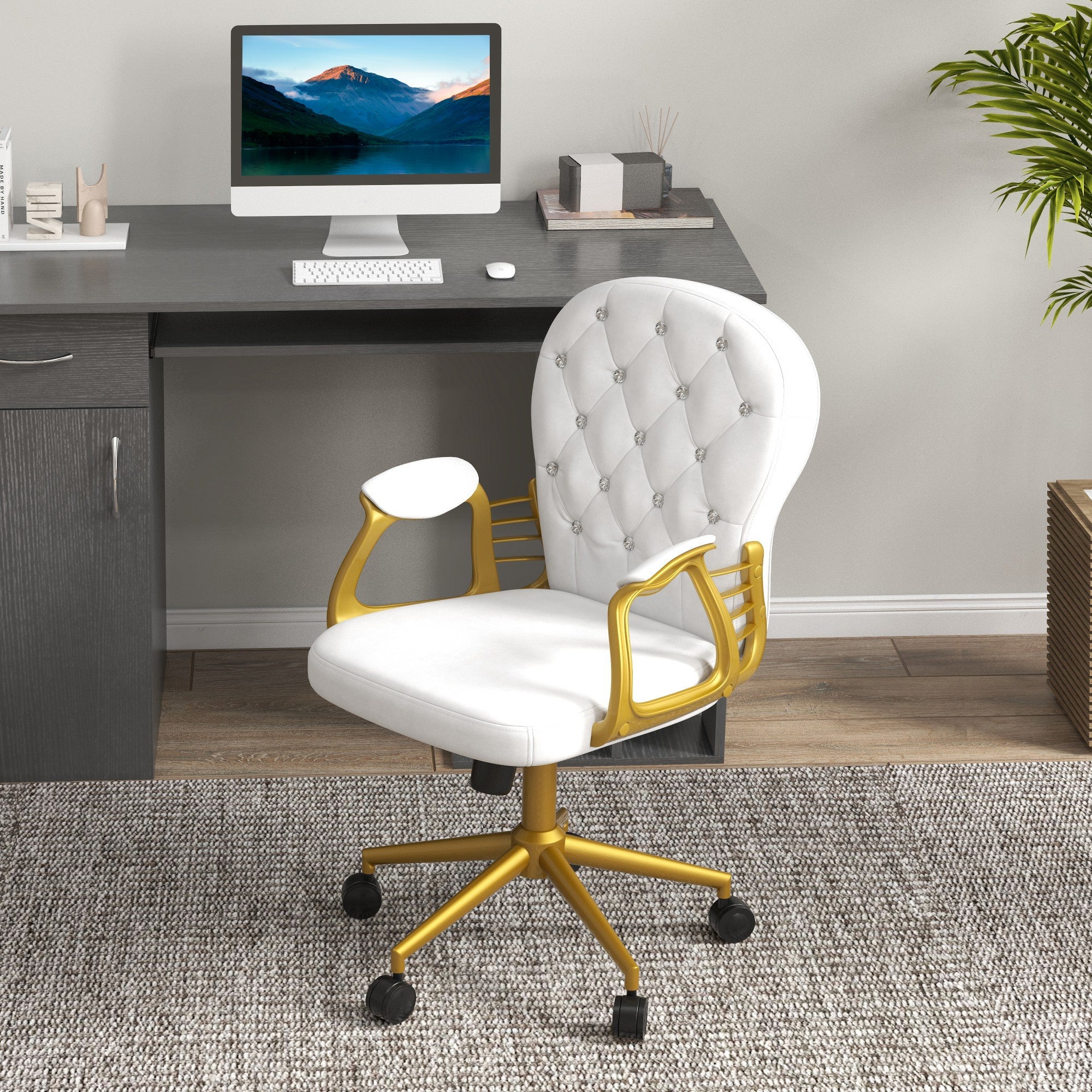 Velvet Office Desk Chair Button Tufted Vanity Chair with Swivel Wheels, Adjustable Height and Tilt Function, Cream White Task Chairs   at Gallery Canada