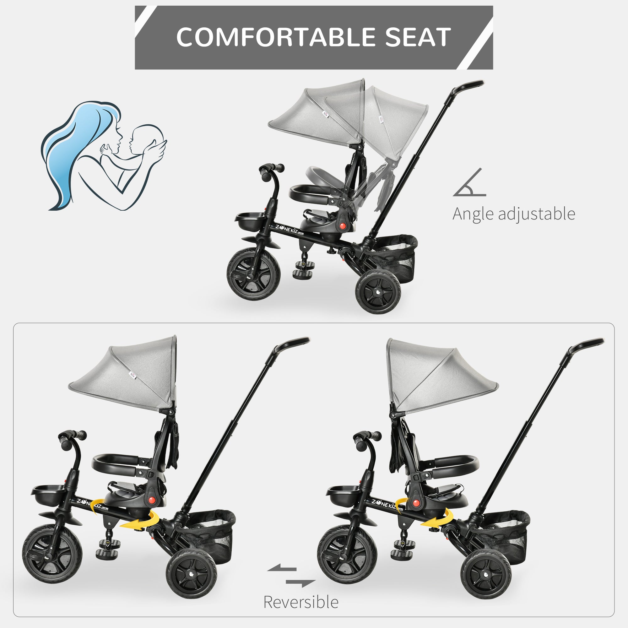 Baby Tricycle 4 In 1 Trike w/ Reversible Angle Adjustable Seat Removable Handle Canopy Handrail Belt Storage Footrest Brake Clutch for 1-5 Years Old Grey Tricycles for Kids at Gallery Canada