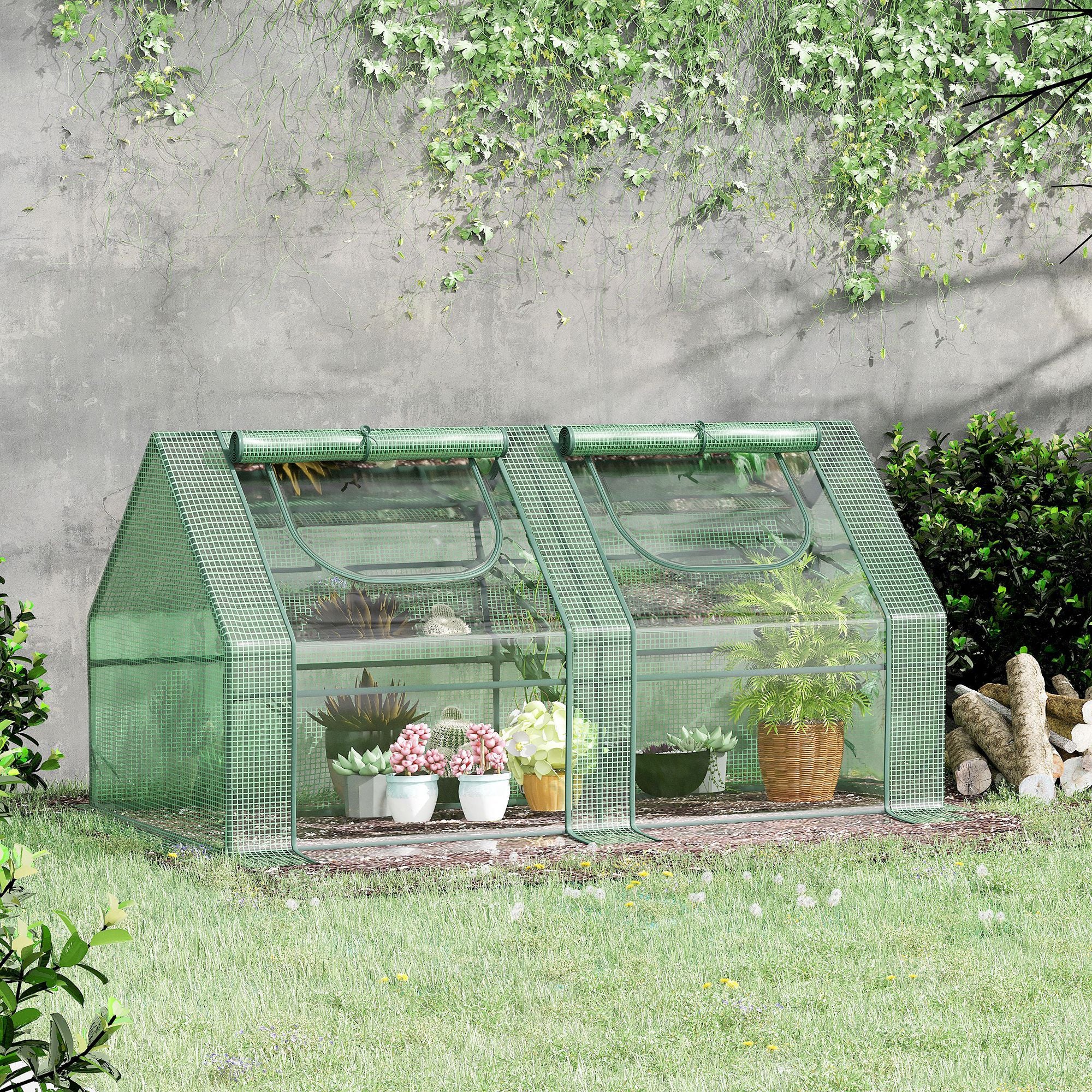 6' x 3' x 3' Portable Mini Greenhouse, Garden Green House Kit with 2 PE/Plastic Covers, Steel Frame and 2 Roll Up Zipper Windows, Dark Green Mini Greenhouses at Gallery Canada