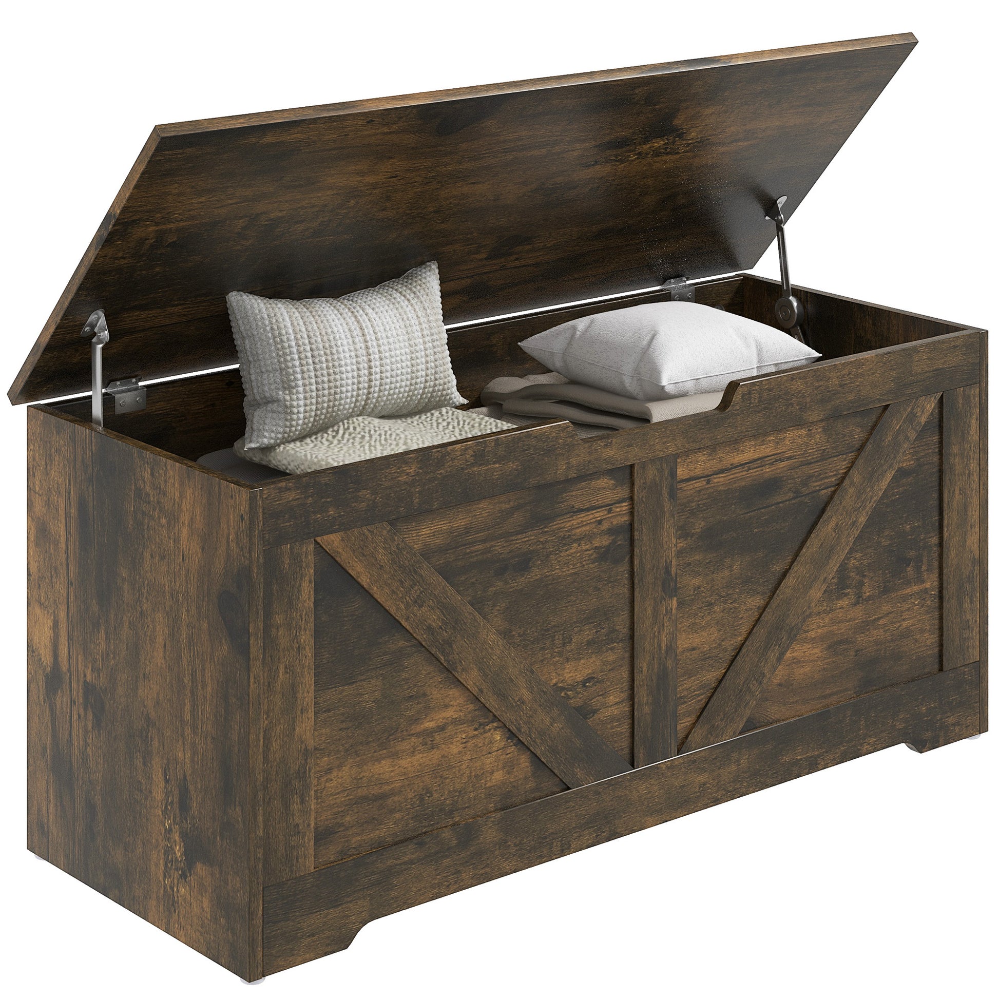 39.4 Inches Storage Chest, Storage Trunk with 2 Safety Hinges, Wooden Toy Box for Living Room, Brown Wood Grain Storage Cabinets   at Gallery Canada