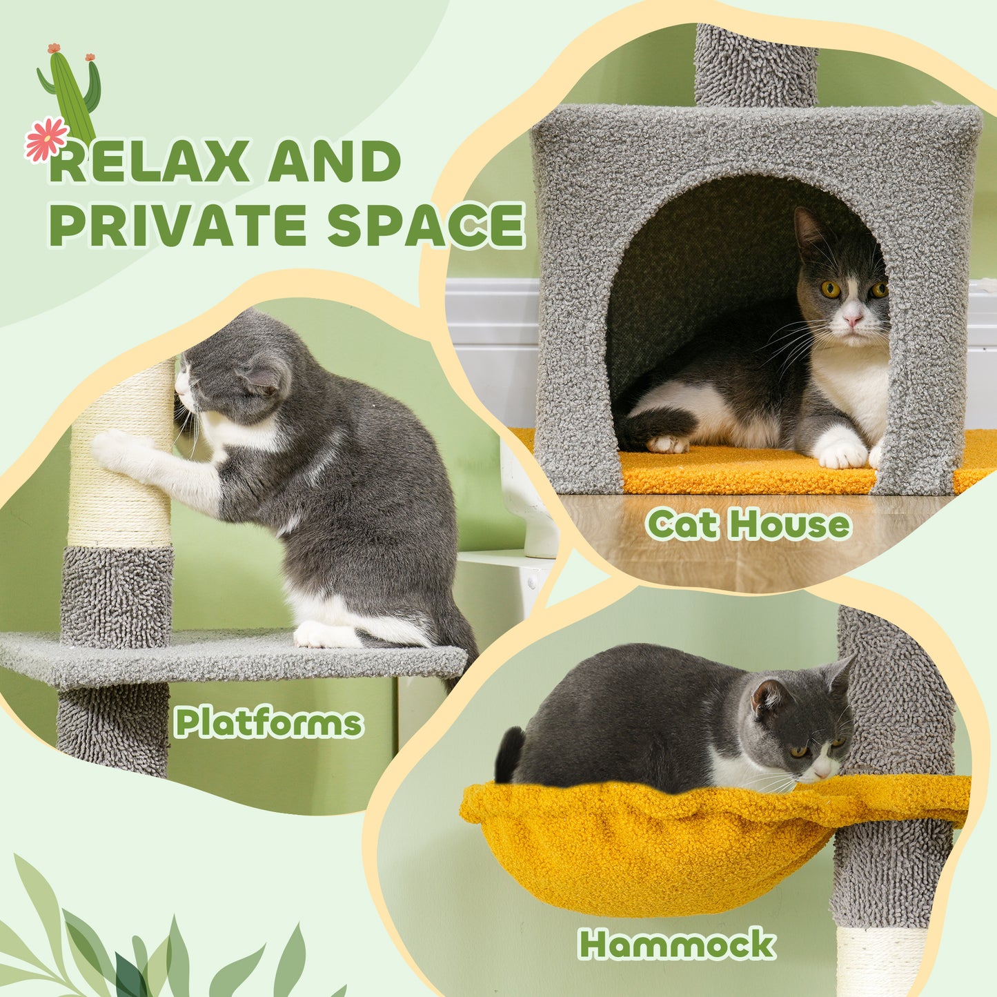 Floor to Ceiling Cat TreeTower with 90.5"-108" Adjustable Height, Scratching Posts, Hammock, Comdo, Toy Ball, Light Grey Floor to Ceiling Cat Trees   at Gallery Canada