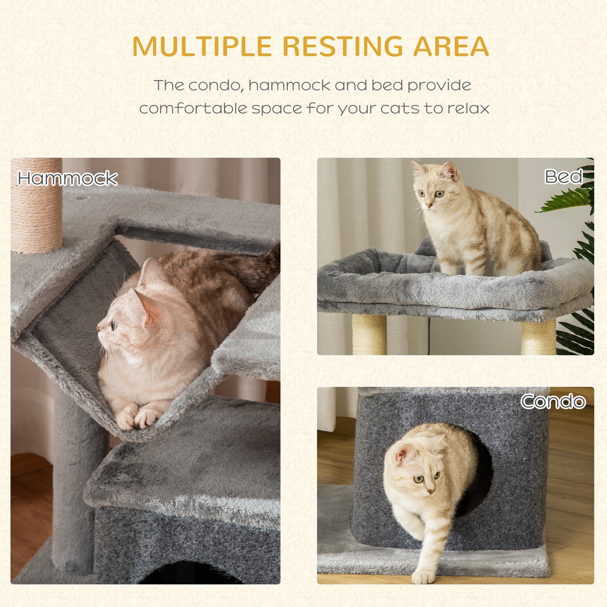 39.25'' Cat Tree Tower Multi-Level Kitten House with Scratching Post Condo Hammock Bed Ball Toy - Gray Cat Posts   at Gallery Canada