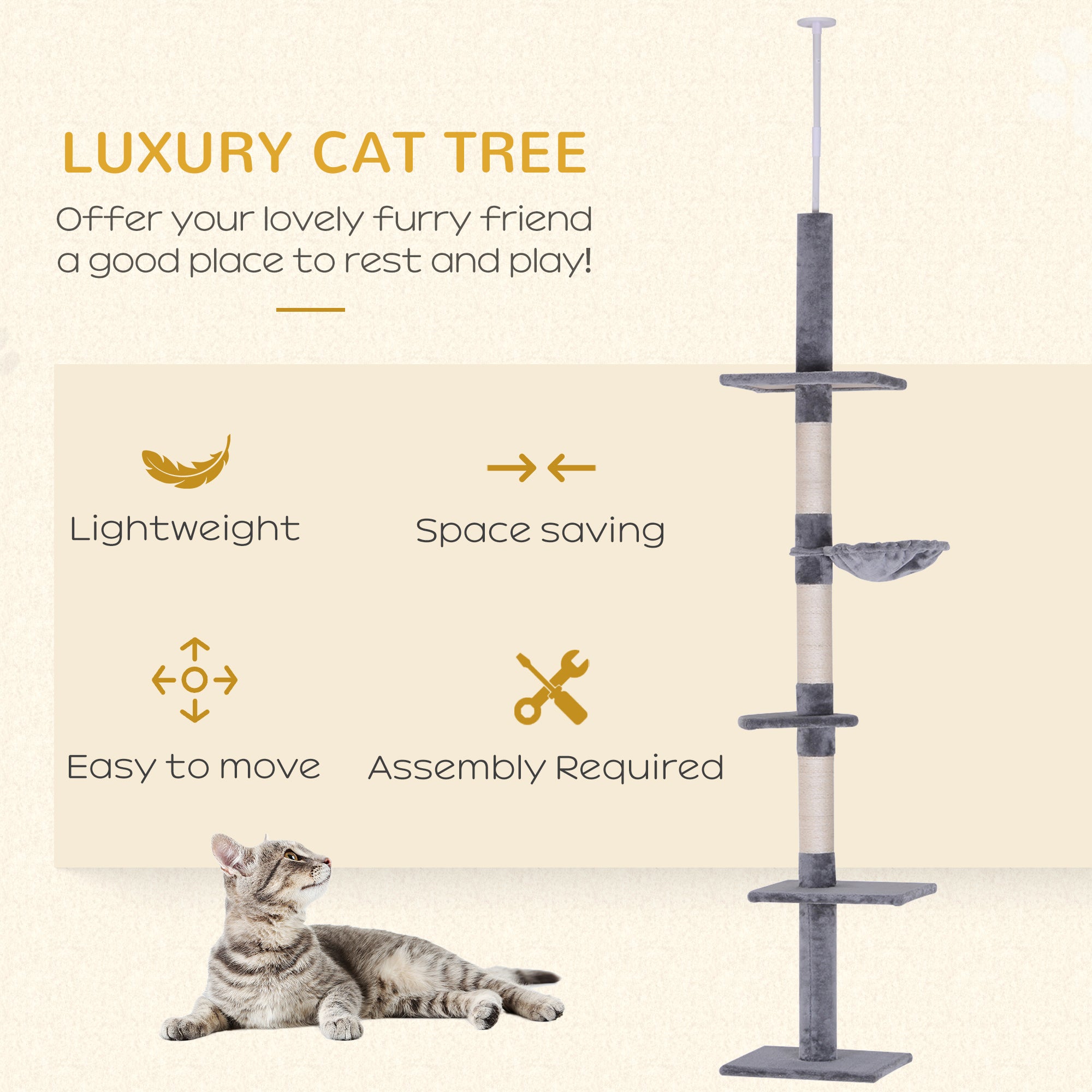 8.5ft Cat Climbing Tree 5-Tier Cat Activity Center Floor-to-Ceiling Cat Climber Toy with Scratching Post Play Rest Post Pet Furniture Grey Floor to Ceiling Cat Trees at Gallery Canada