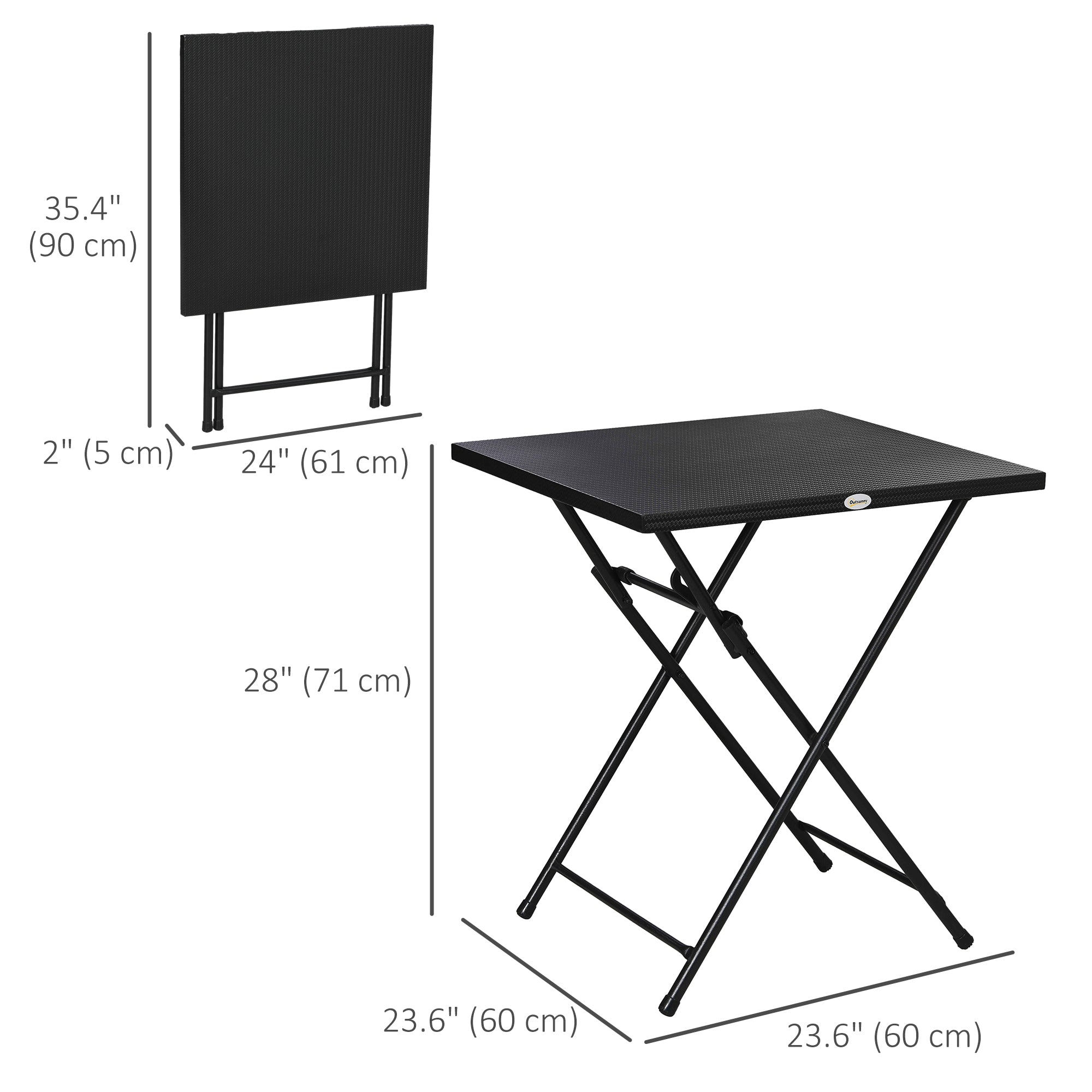 Folding Coffee Table, Folding Patio Table, Square Small Side Table with Metal Plate Top, 23.6