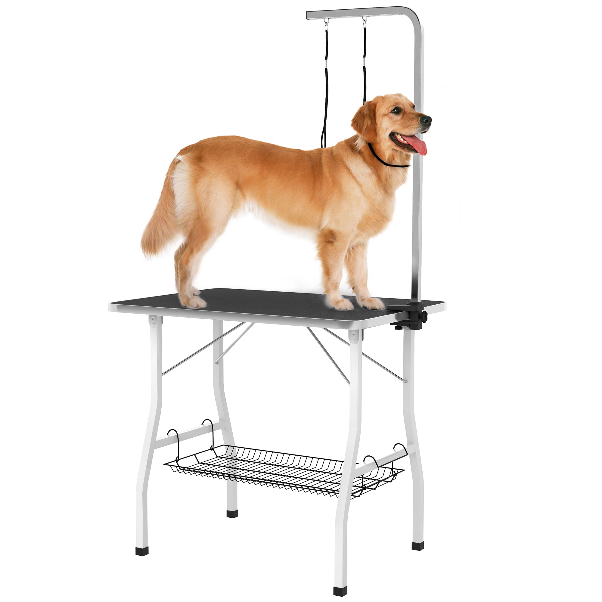 Dog Grooming Table w/ Adjustable Arm, Mesh Tray, Two Nooses, Rubber Surface, 35