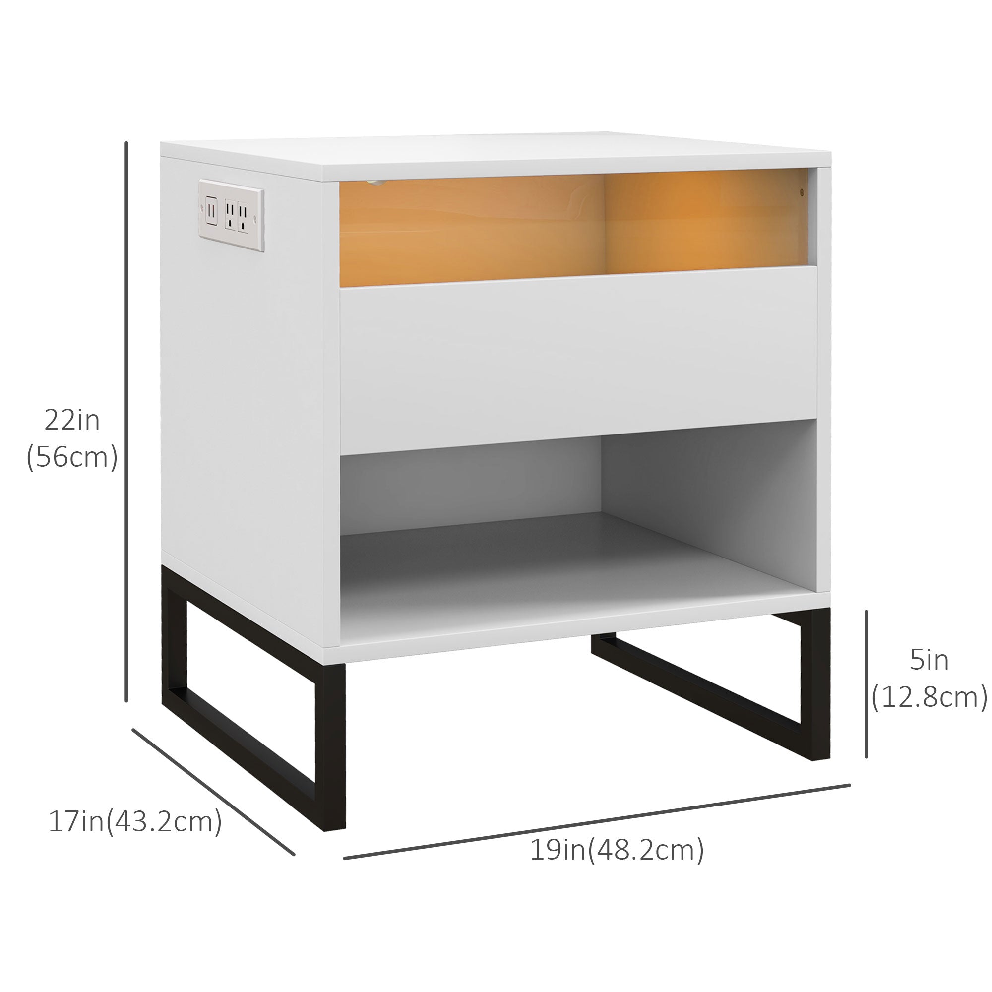 Bedside Table Set of 2, Side End Tables with Charging Station and USB Ports, LED Lights, 19