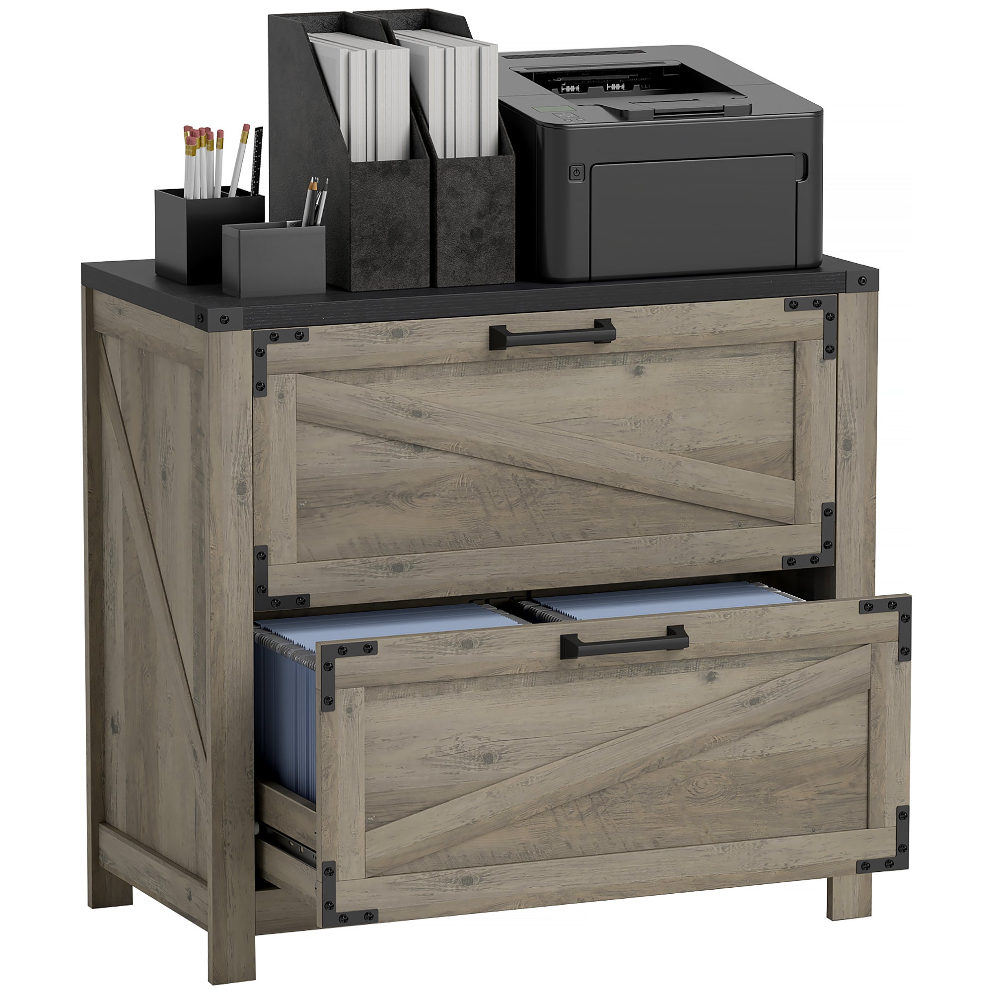 2 Drawer Filing Cabinet, Farmhouse Office Storage Cabinet with Adjustable Hanging Bars for Letter, A4, Legal Size, Grey Office Cabinets & Cupboards at Gallery Canada