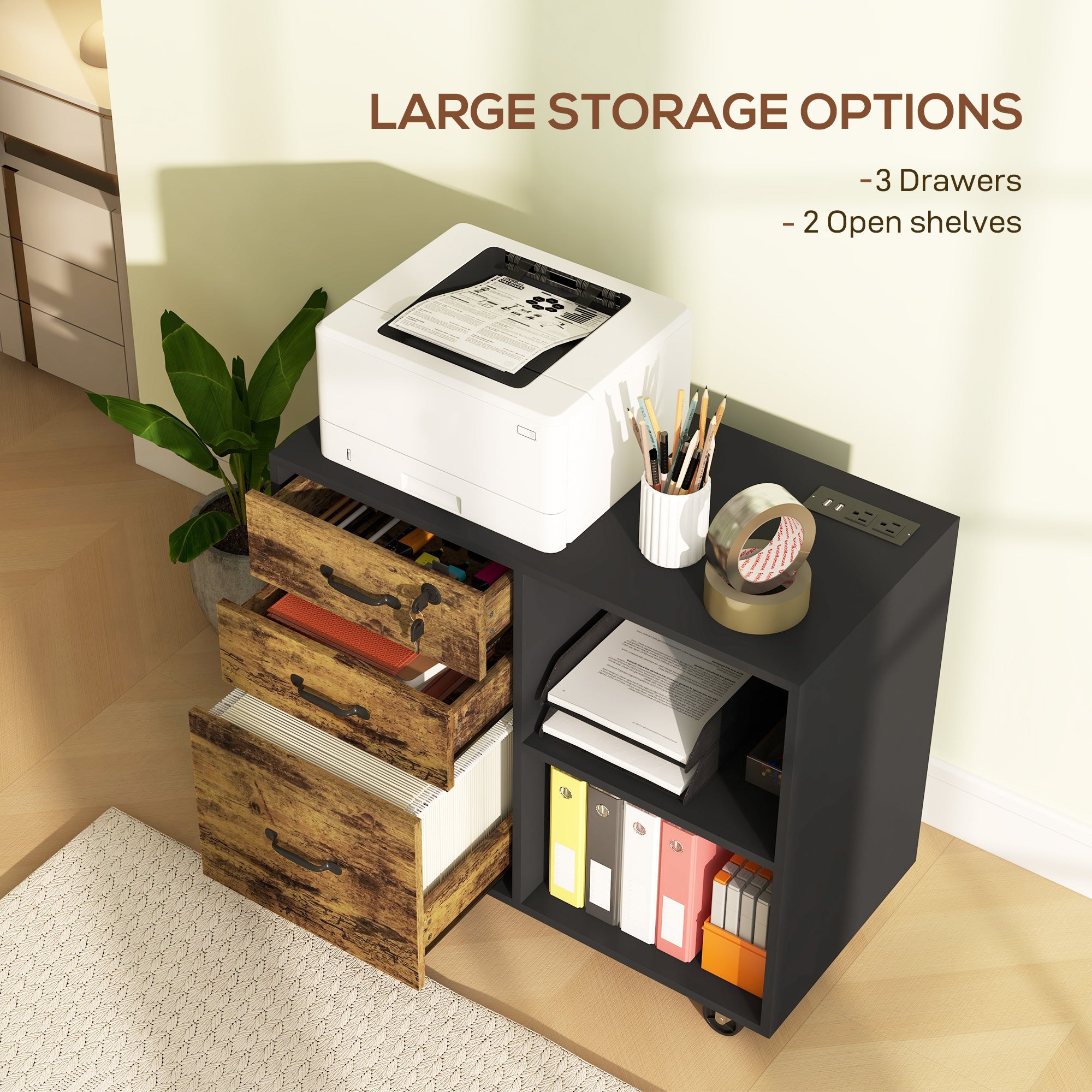 Mobile Printer Stand with Charging Station USB Ports Locking Filing Cabinet for A4 Letter Size Rustic Brown and Black Office Cabinets & Cupboards   at Gallery Canada