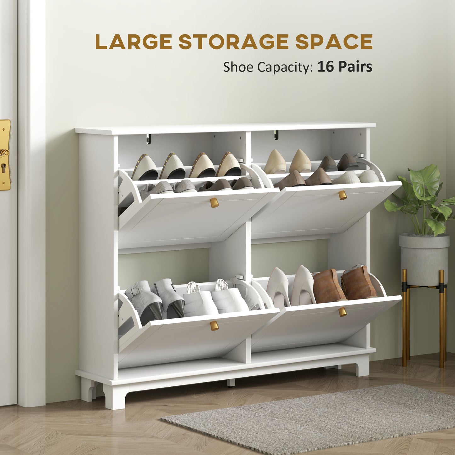 Modern Shoe Storage Cabinet, Narrow Shoe Cabinet with 4 Flip Drawers, Adjustable Shelves, 5 Legs for Entryway, White Shoe Storage Cabinets & Racks   at Gallery Canada