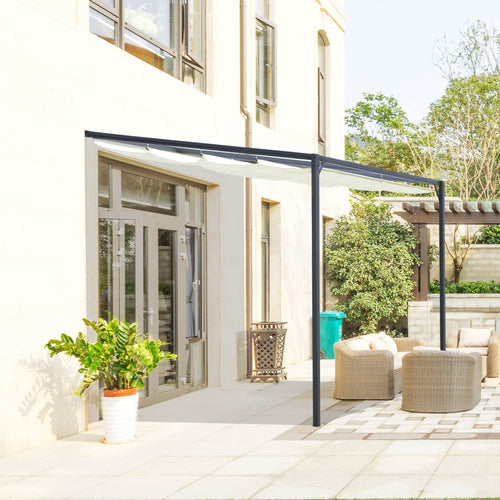 10'x10' Outdoor Pergola Gazebo with Retractable Canopy &; Metal Frame &; PA Coated Sun Shelter Door Porch Cover, Cream White