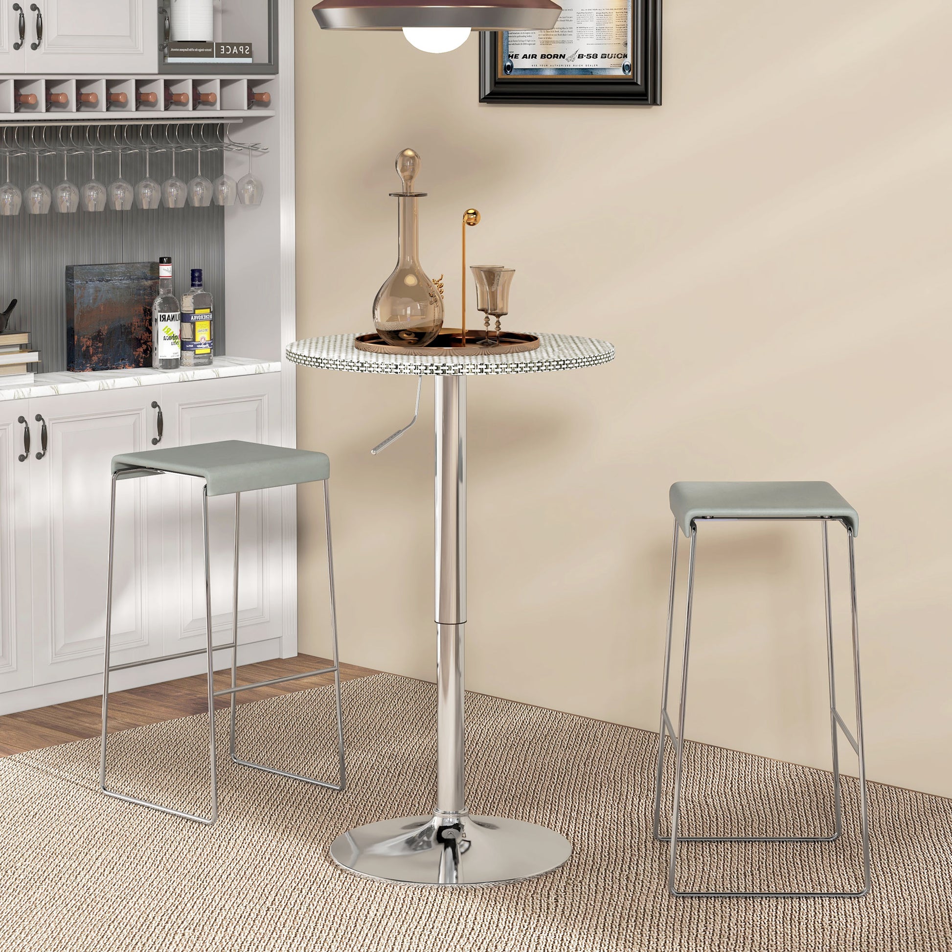 Adjustable Bar Table for 2, Round Pub Table with PE Rattan Top and Steel Base for Home Bar, Small Dining Room, Grey Bar Tables Grey at Gallery Canada