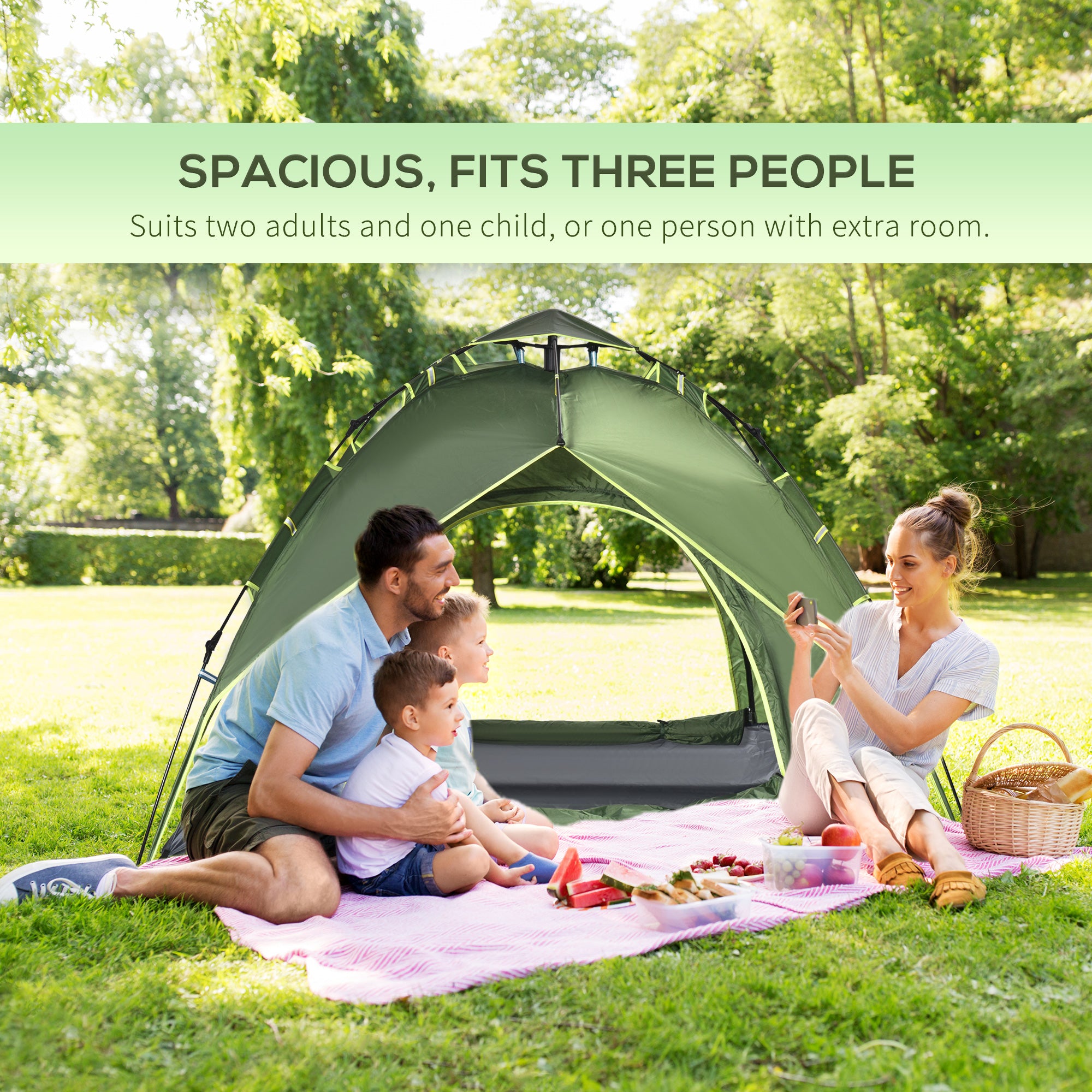 Camping Tent, 3 Person Family Tent, 1000mm Waterproof, with Sewn-in Groundsheet and Carry Bag, for Fishing, Dark Green Camping Tents at Gallery Canada