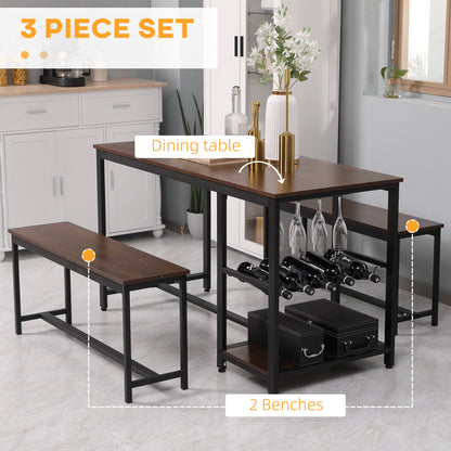 3-Piece Dining Table Set for 4 with 2 Benches, Rectangular Dining Table and Chairs, with Wine Rack, Rustic Brown Bar Sets   at Gallery Canada