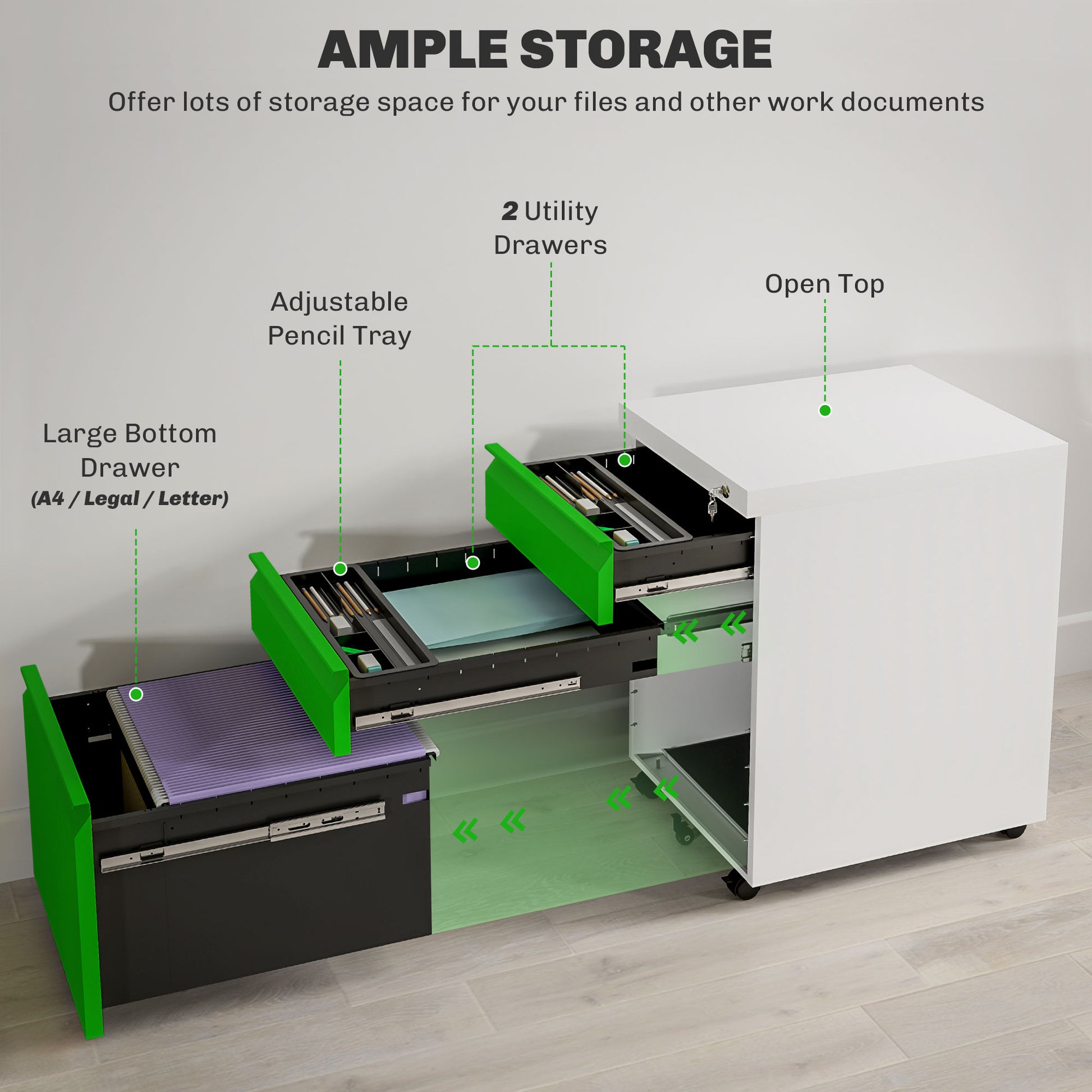 3 Drawer Filing Cabinet, Lockable Office Storage Cabinet on Wheels for Legal, Letter, A4 Files, Green Office Cabinets & Cupboards   at Gallery Canada