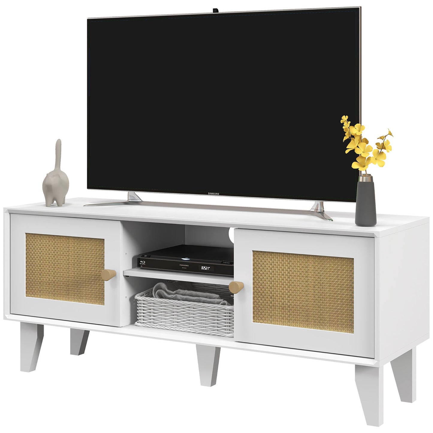 TV Stand Cabinet for 50-Inch, TV Table with 2 Rattan Doors, Television Stand with Adjustable Shelves and Cable Holes TV Stands White  at Gallery Canada