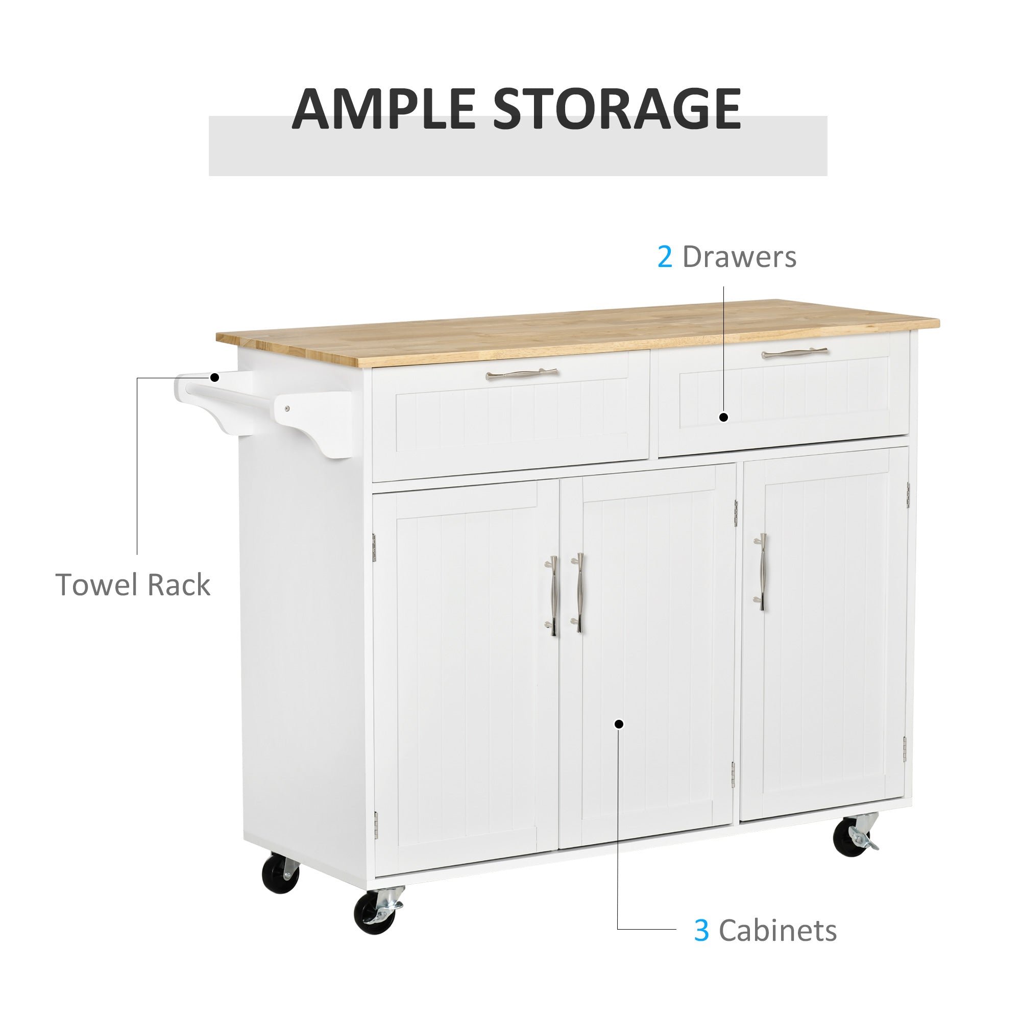 Rolling Kitchen Island, Kitchen Cart on Wheels with 2 Storage Drawers and Cabinets for Dining Room, White Kitchen Islands & Kitchen Carts   at Gallery Canada