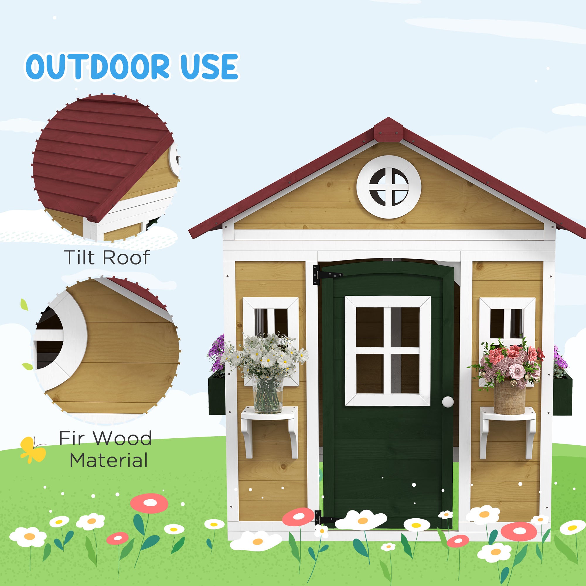 Wooden Playhouse for Kids Outdoor with Door, Windows, Planter Pots and Boxes for Toddlers 3-8 Years, Beige Play Houses at Gallery Canada
