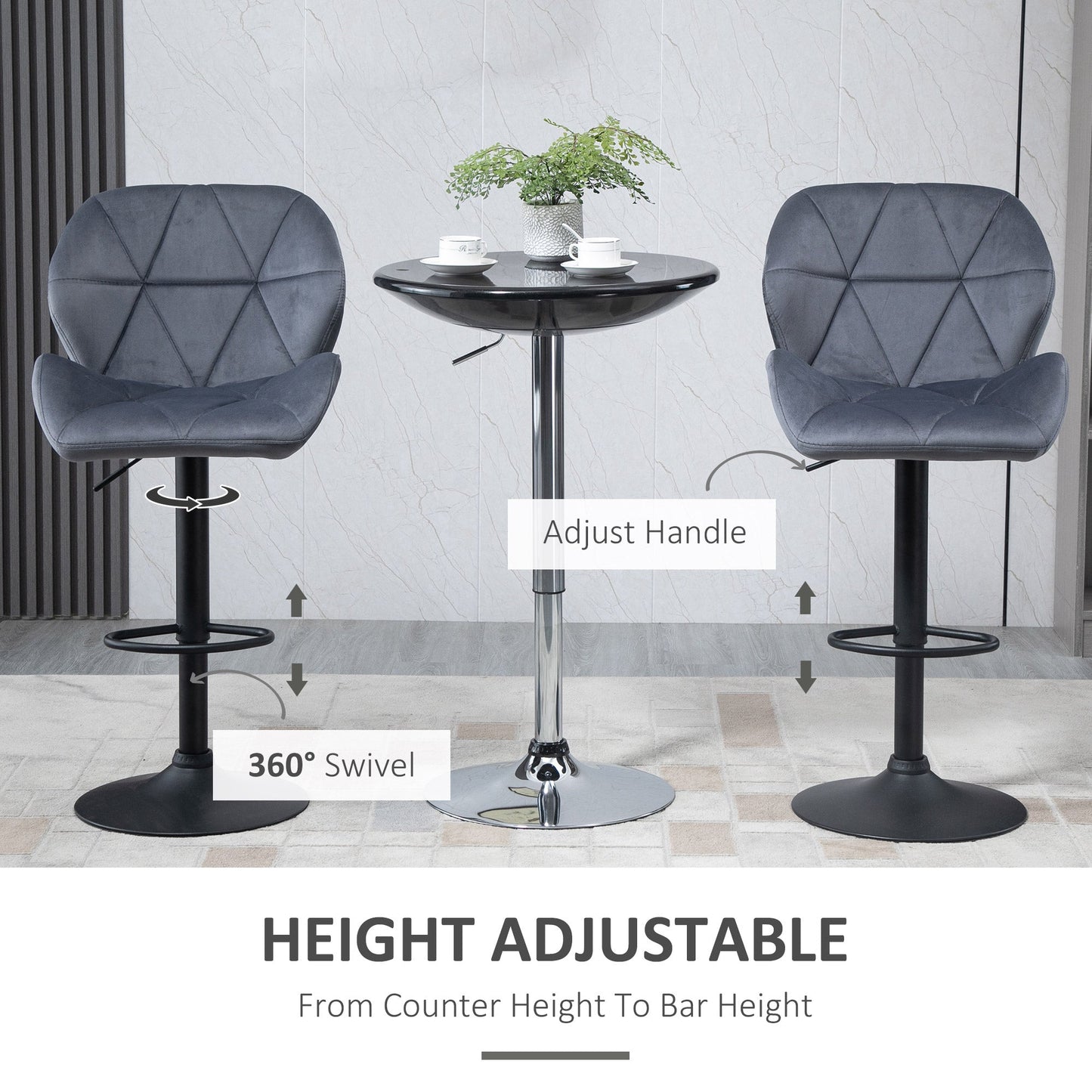 Bar Stool Set of 2 Fabric Adjustable Height Armless Upholstered Counter Chairs with Swivel Seat, Grey Bar Stools   at Gallery Canada