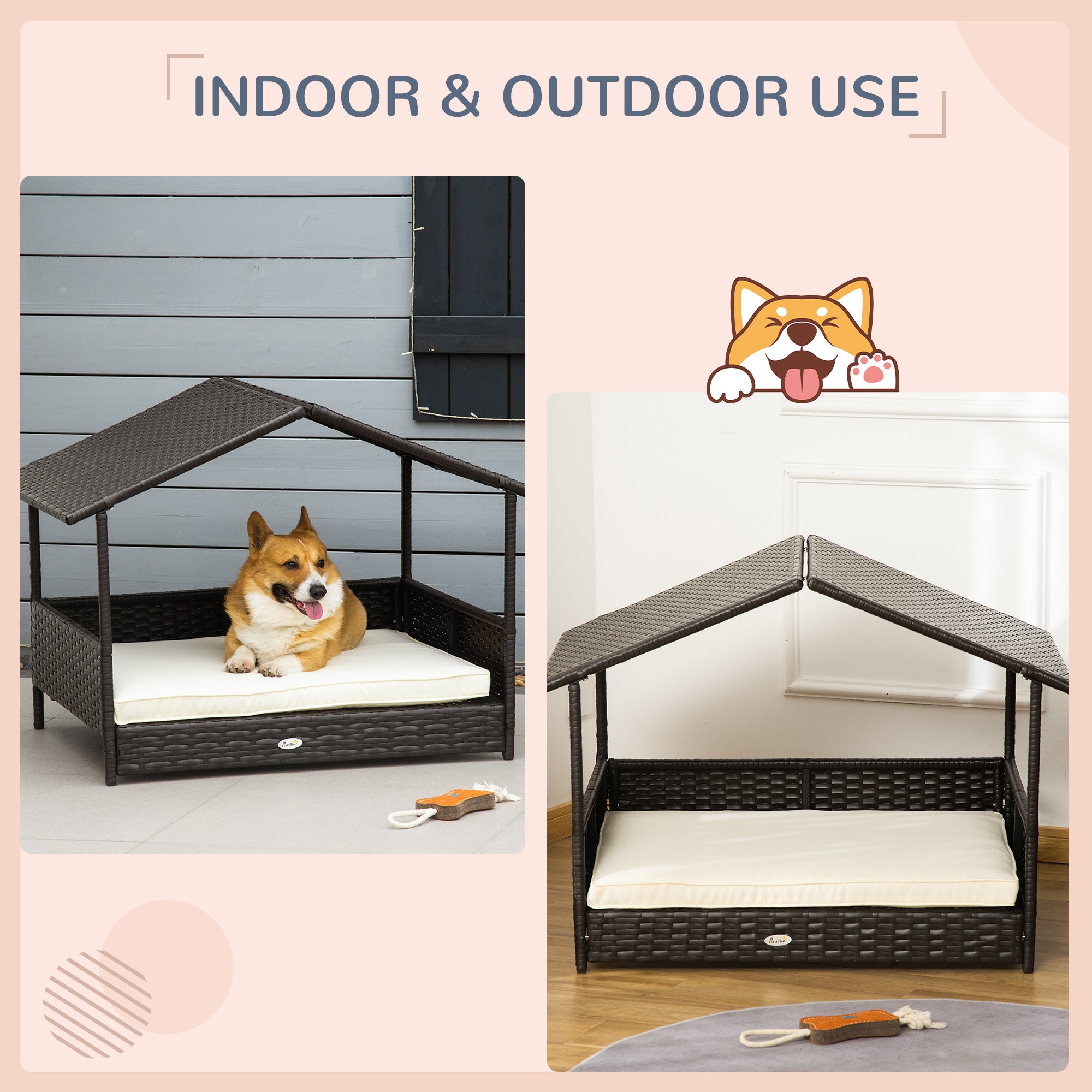 Elevated Rattan Dog House Outdoor with Canopy, Wicker Dog Bed with Water-Resistant Cushion, for Small and Medium Dogs Cream White Houses, Kennels & Pens at Gallery Canada