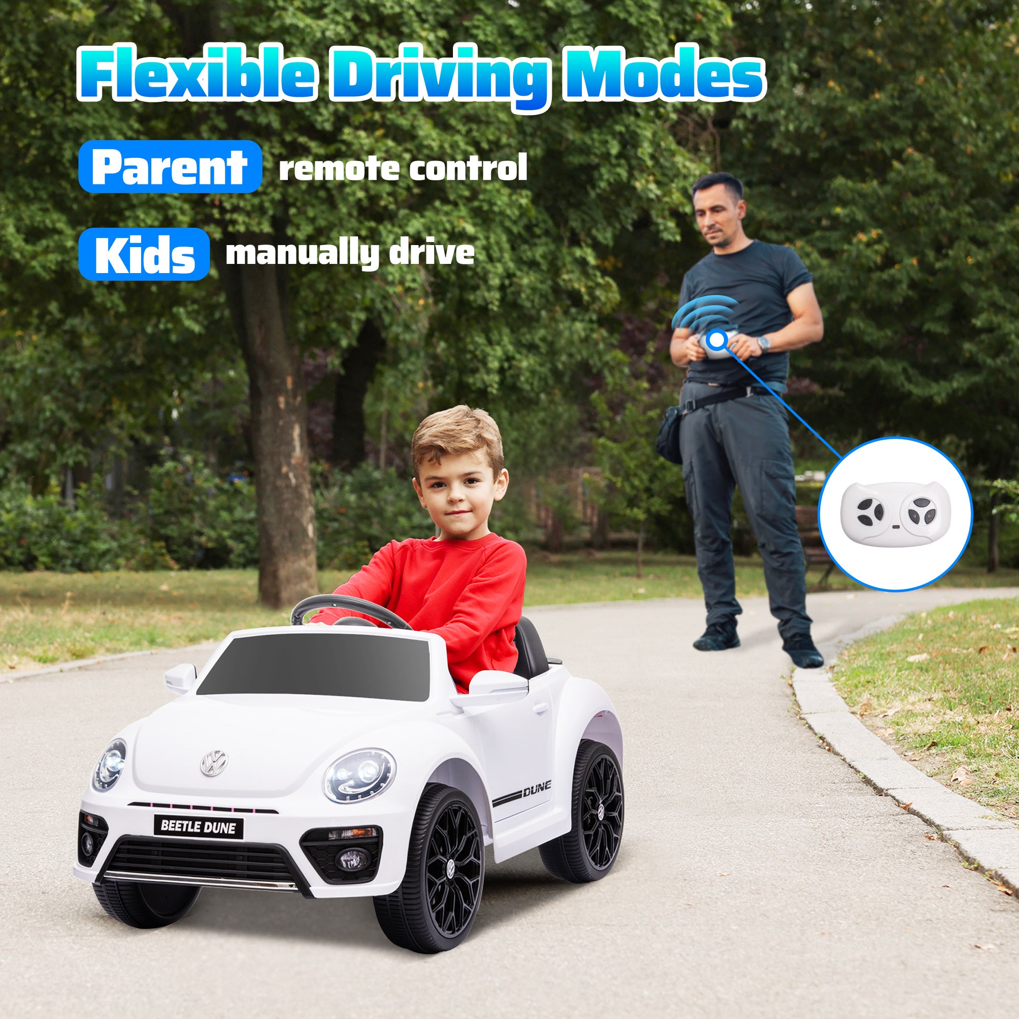 12V Volkswagen Beetle Licensed Electric Car for Kids w/ Remote Control, 4 Spring Suspension Wheels, Soft Start, White Electric Toy Cars   at Gallery Canada