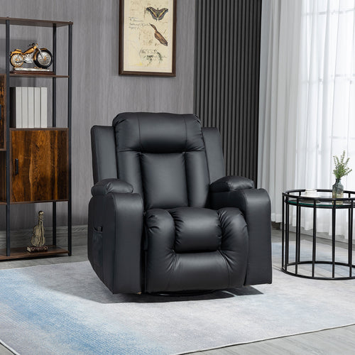 Massage Recliner Chair for Living Room with 8 Vibration, Overstuffed PU Leather Manual Reclining Chair with Wide Seat, Cup Holders, 360° Swivel, Rocking, Black