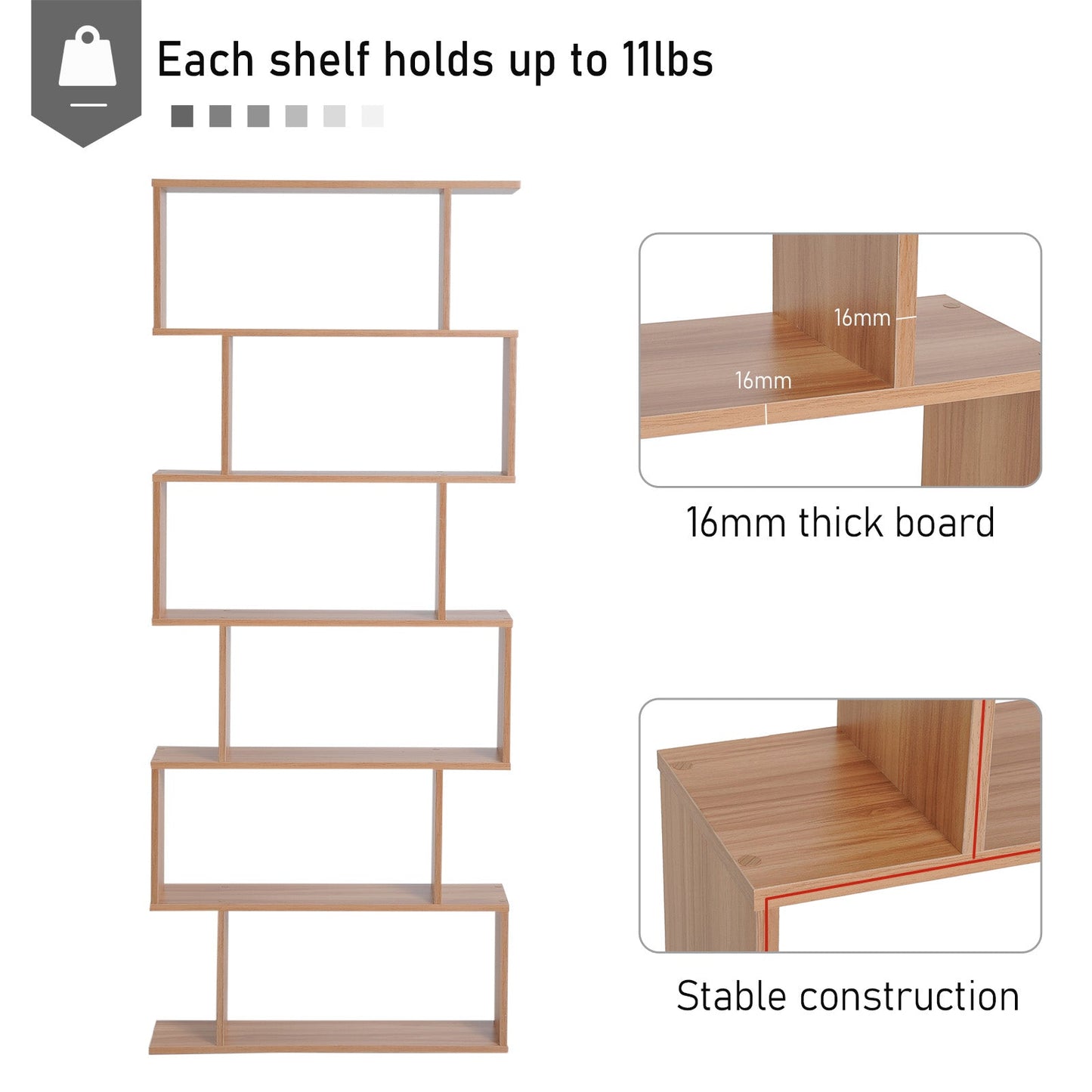 76" 6-Tier Wooden Bookcase S Shaped Storage Display Shelf Modern Bookshelf Open Concept Living Room Home Office Furniture, Maple Display Bookshelves   at Gallery Canada