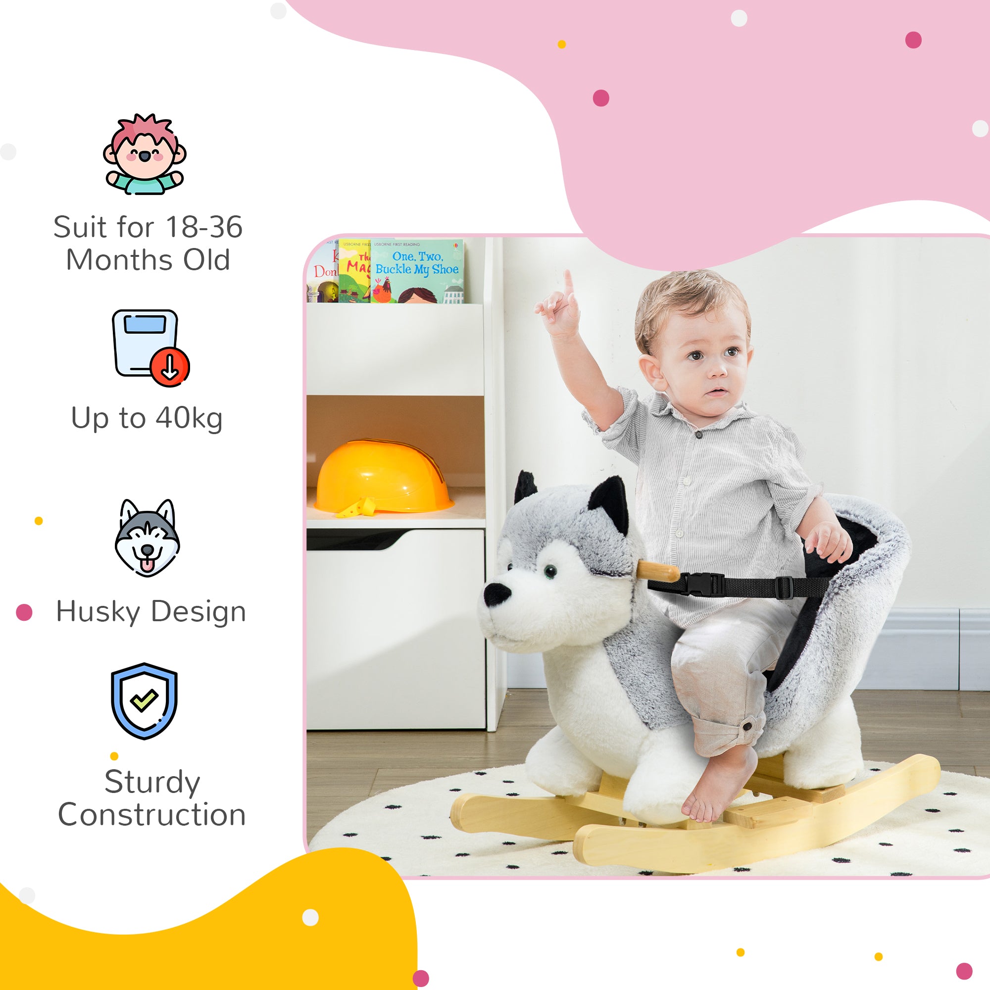 Kids Rocking Horse, Baby Rocker Chair Husky-Shaped Plush Ride on Toy with Realistic Sounds, Wooden Base, Seat Belt, for Children 18-36 Months, Grey Rocking Horses at Gallery Canada