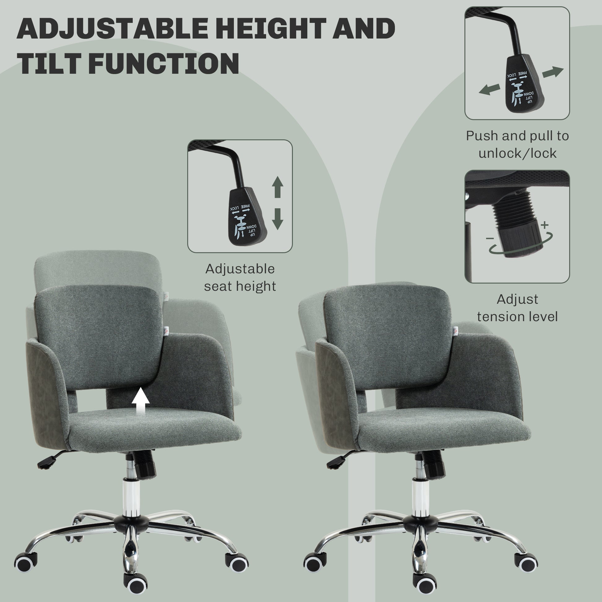 Small Desk Chair, Height Adjustable Fabric Office Chair with Swivel Wheels, Tilt Function, Computer Chair, Grey Task Chairs   at Gallery Canada