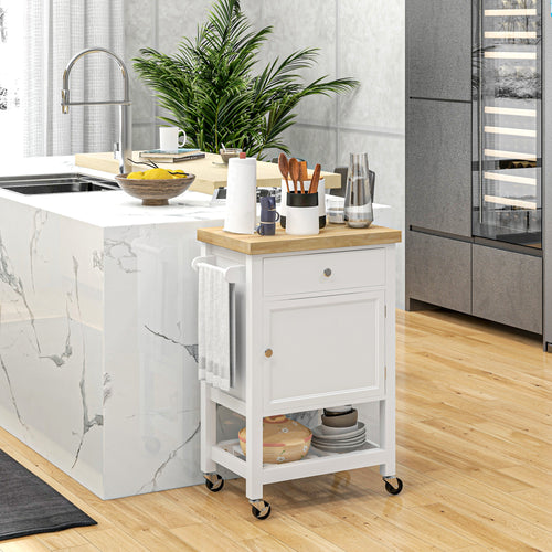 Kitchen Cart on Wheels, Rolling Kitchen Island Cart with Wood Top, Towel Rack, Drawer and Shelf for Dining Area, White