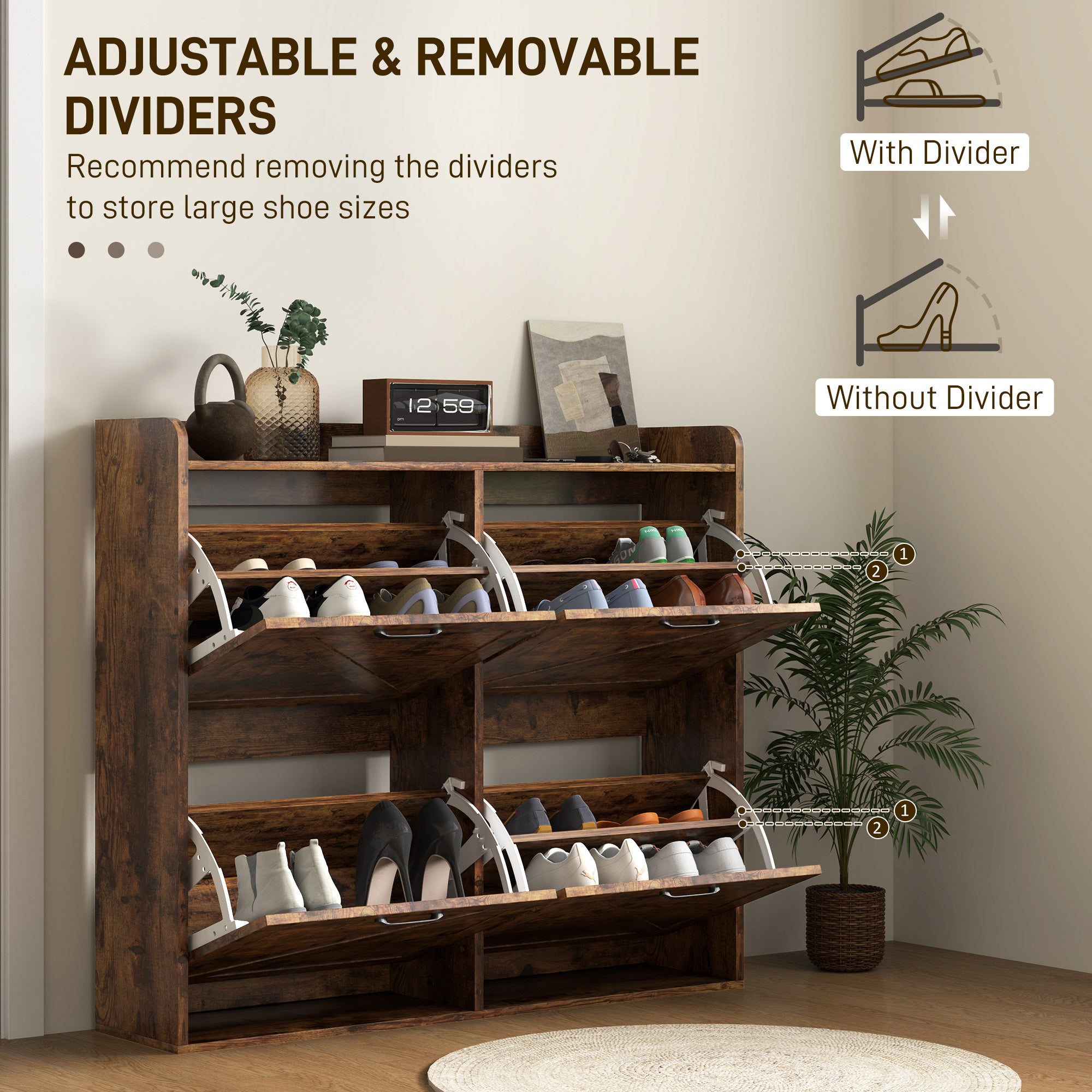 Narrow Shoe Storage Cabinet with 4 Flip Drawers, Adjustable Shelves, 16 Pair Farmhouse Shoe Cabinet, Rustic Brown Shoe Storage Cabinets & Racks at Gallery Canada