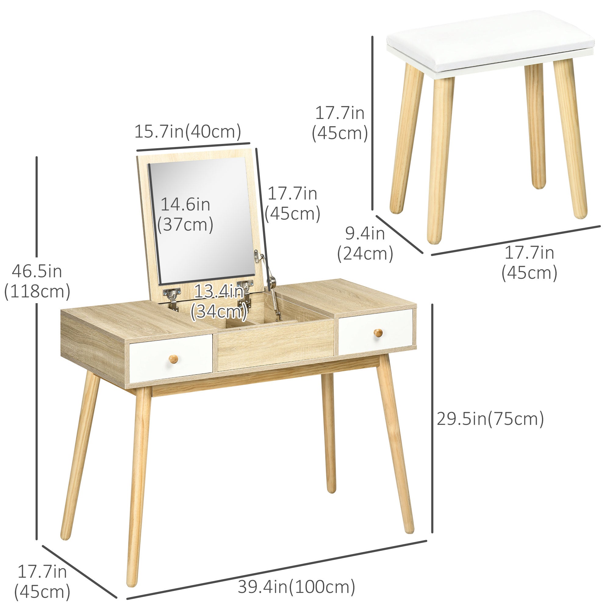 Flip Top Mirror Vanity Set with Cushioned Stool, 2 Drawers, Storage Grids, Natural Dressing & Vanity Tables   at Gallery Canada