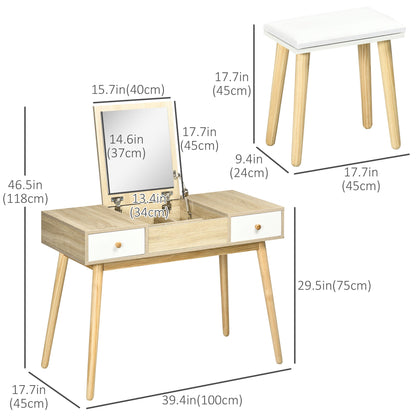 Flip Top Mirror Vanity Set with Cushioned Stool, 2 Drawers, Storage Grids, Natural Dressing & Vanity Tables   at Gallery Canada