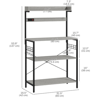 Kitchen Baker's Rack with Power Outlet, Coffee Bar Station with Adjustable Shelves and Hooks, Distressed Grey Bar Cabinets   at Gallery Canada