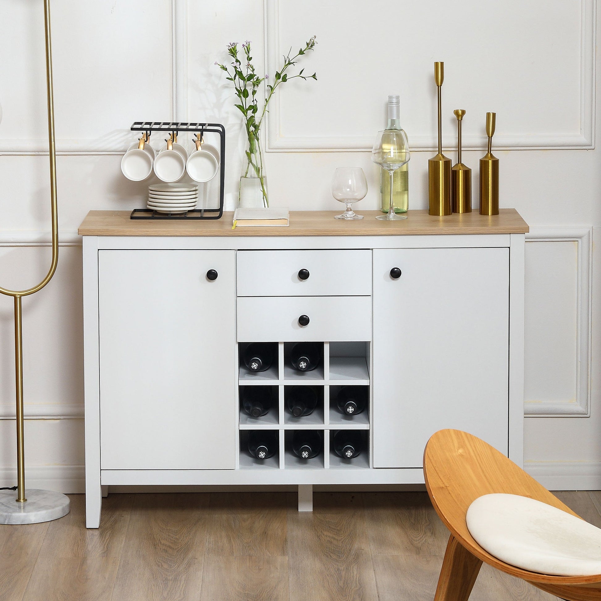 Buffet Cabinet, Rustic Kitchen Sideboard with 9-bottle Wine Rack, Storage Cabinets, Drawers and Adjustable Shelves, Black Handle Bar Cabinets   at Gallery Canada