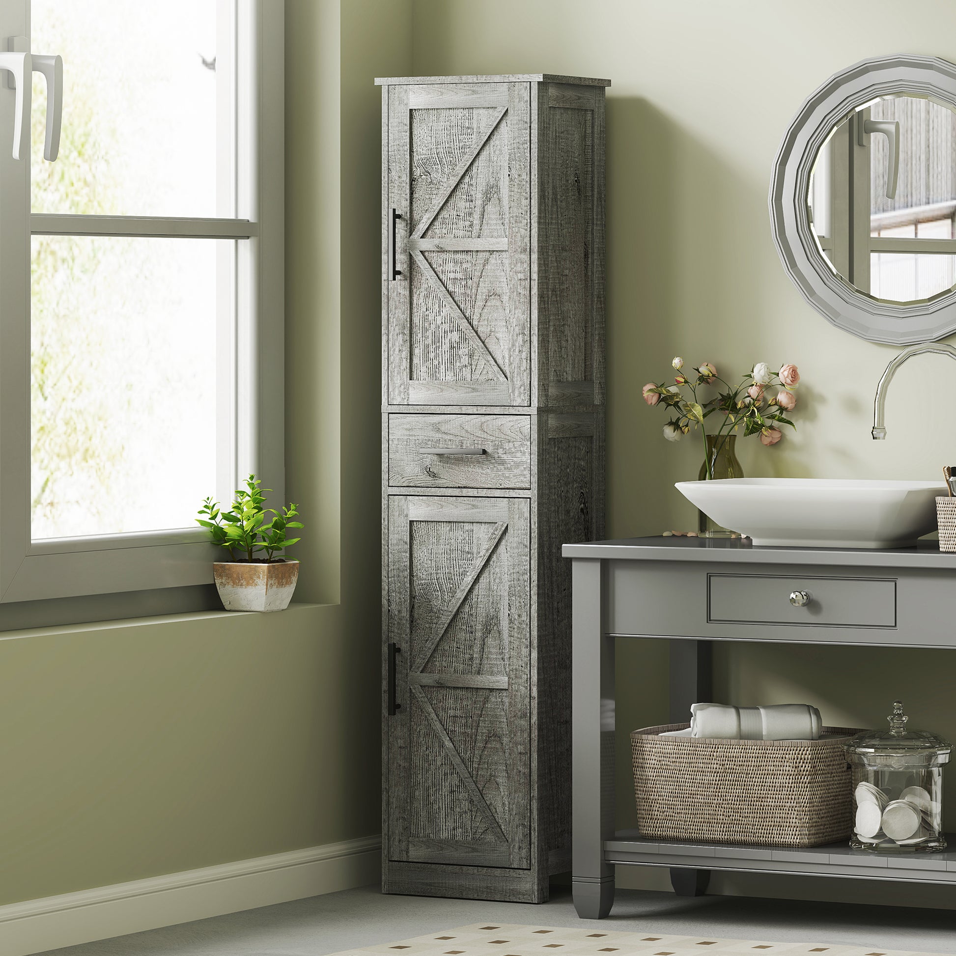 67" Tall Bathroom Cabinet, Narrow Bathroom Storage Cabinet with Drawer, Barn Doors and Adjustable Shelves, Dark Grey Bathroom Cabinets Distressed Dark Grey at Gallery Canada